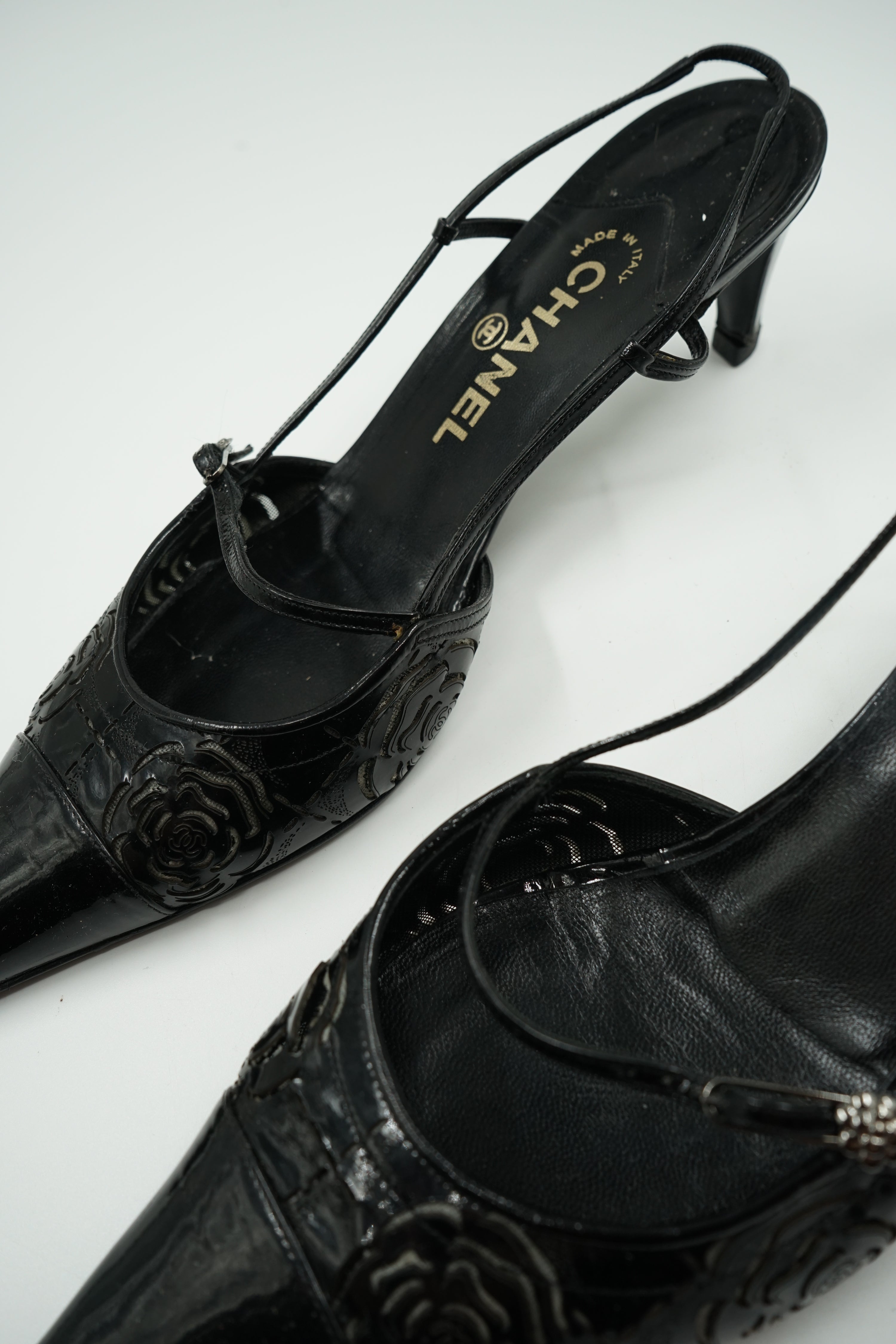Chanel Patent Camellia Heels