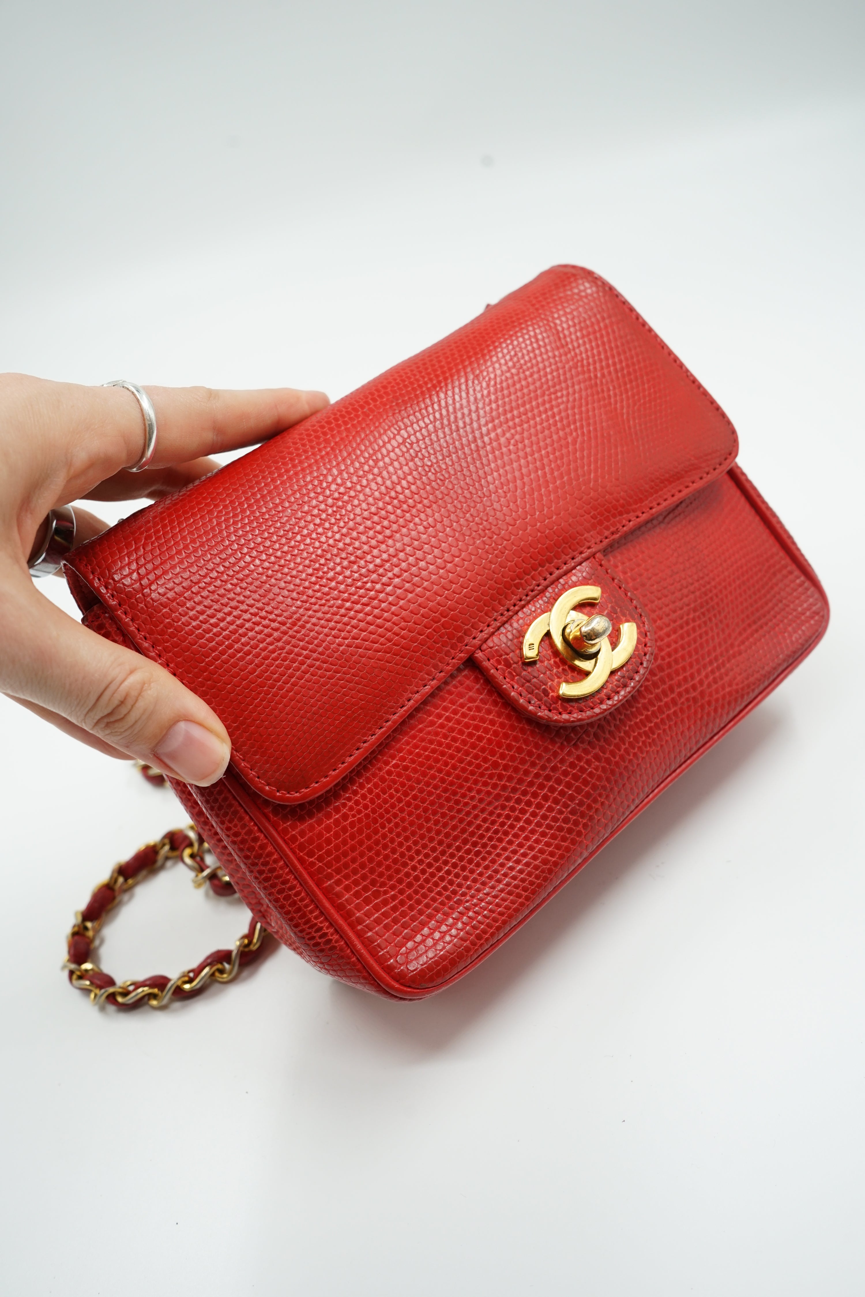 Chanel Mini Square Lizard Exotic Leather Red