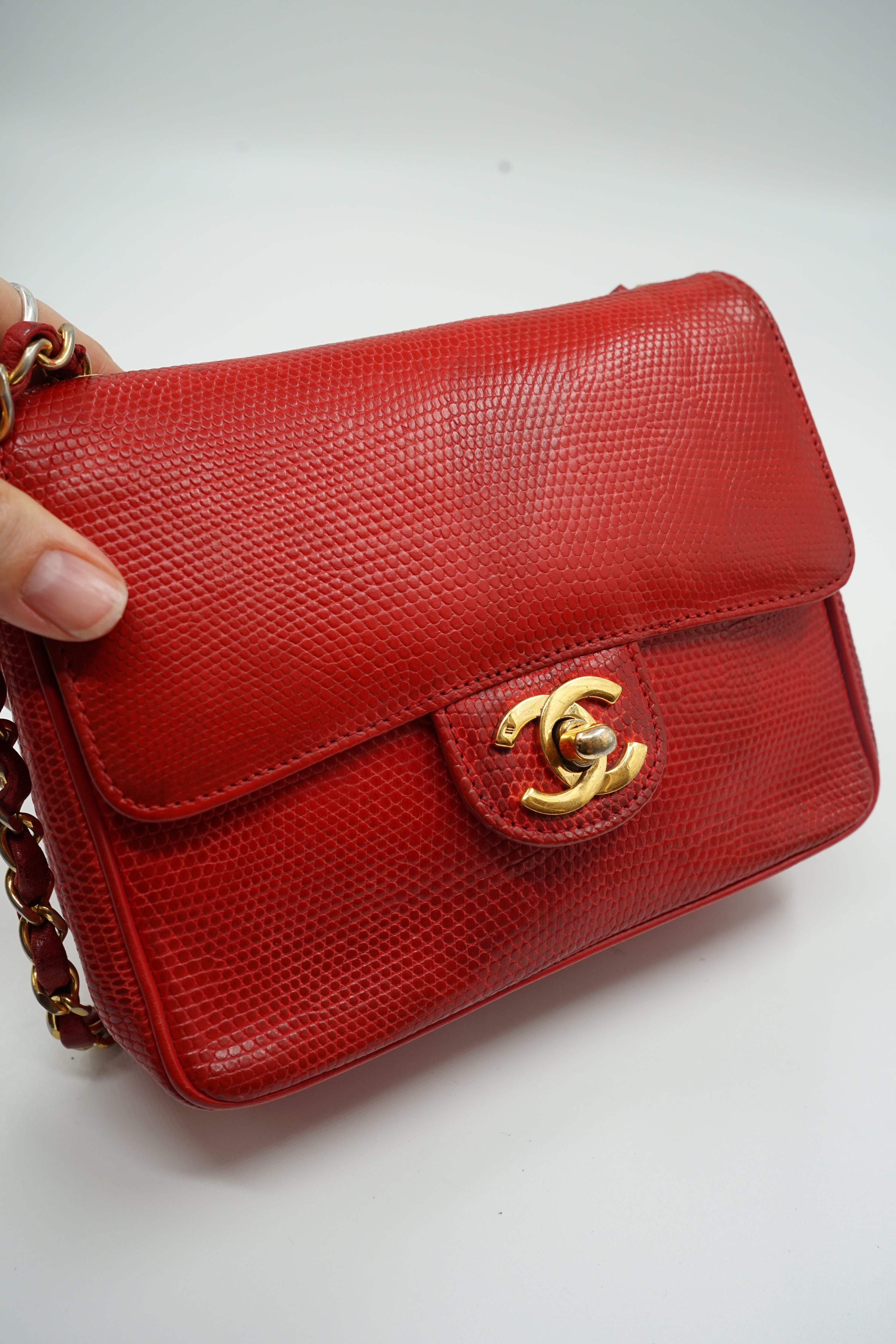 Chanel Mini Square Lizard Exotic Leather Red