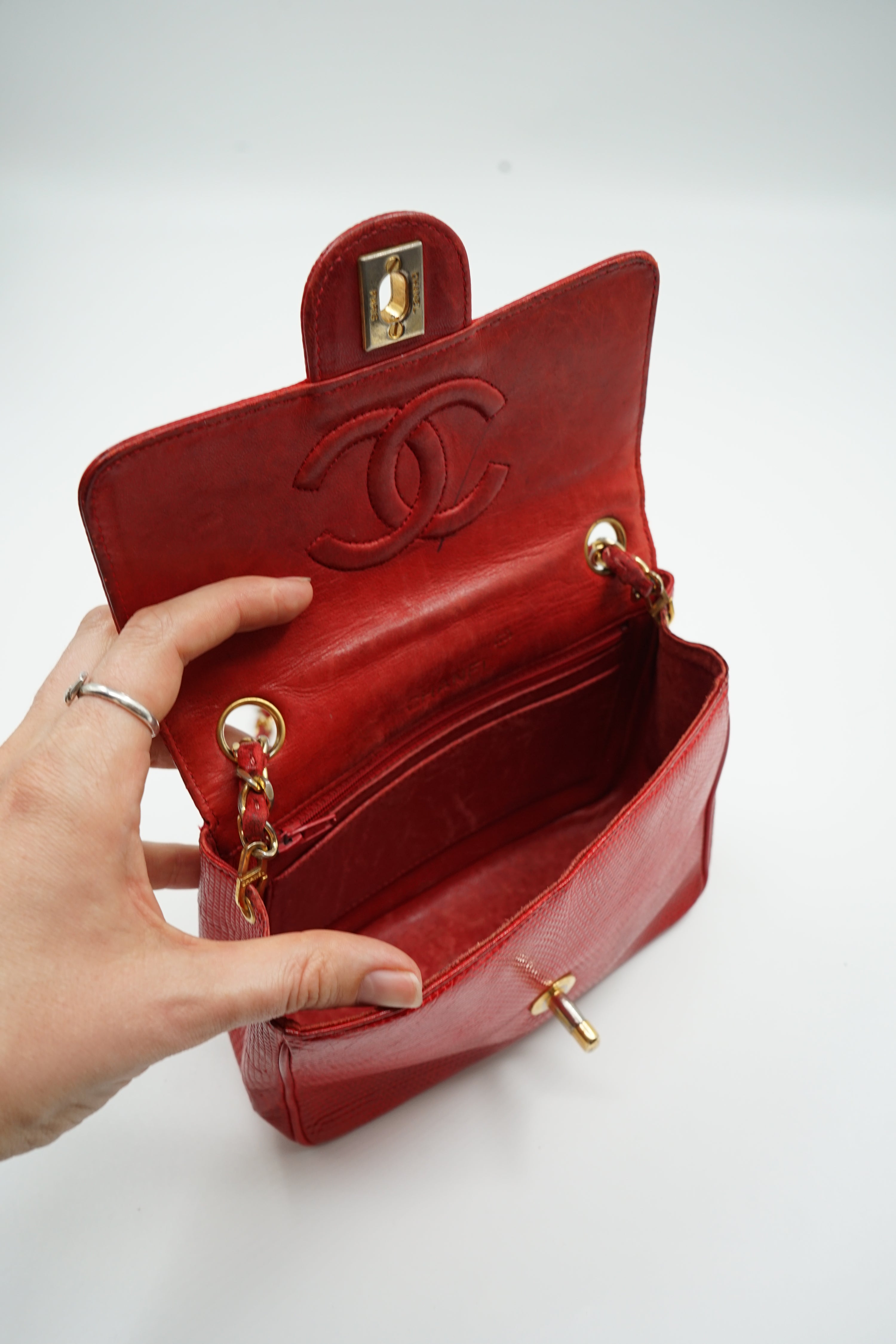 Chanel Mini Square Lizard Exotic Leather Red