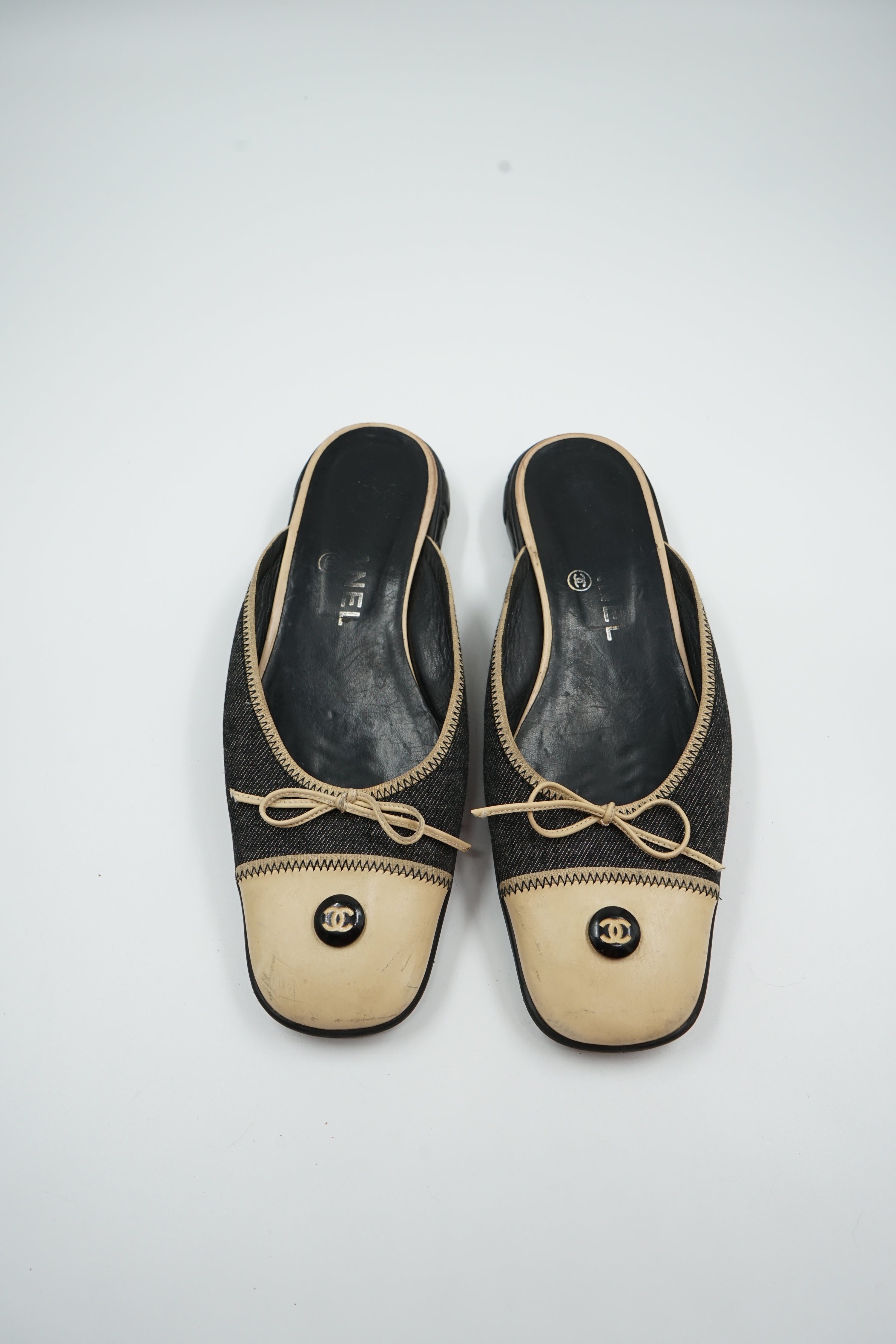 Chanel 2002 Denim Logo Button Ballet Mules