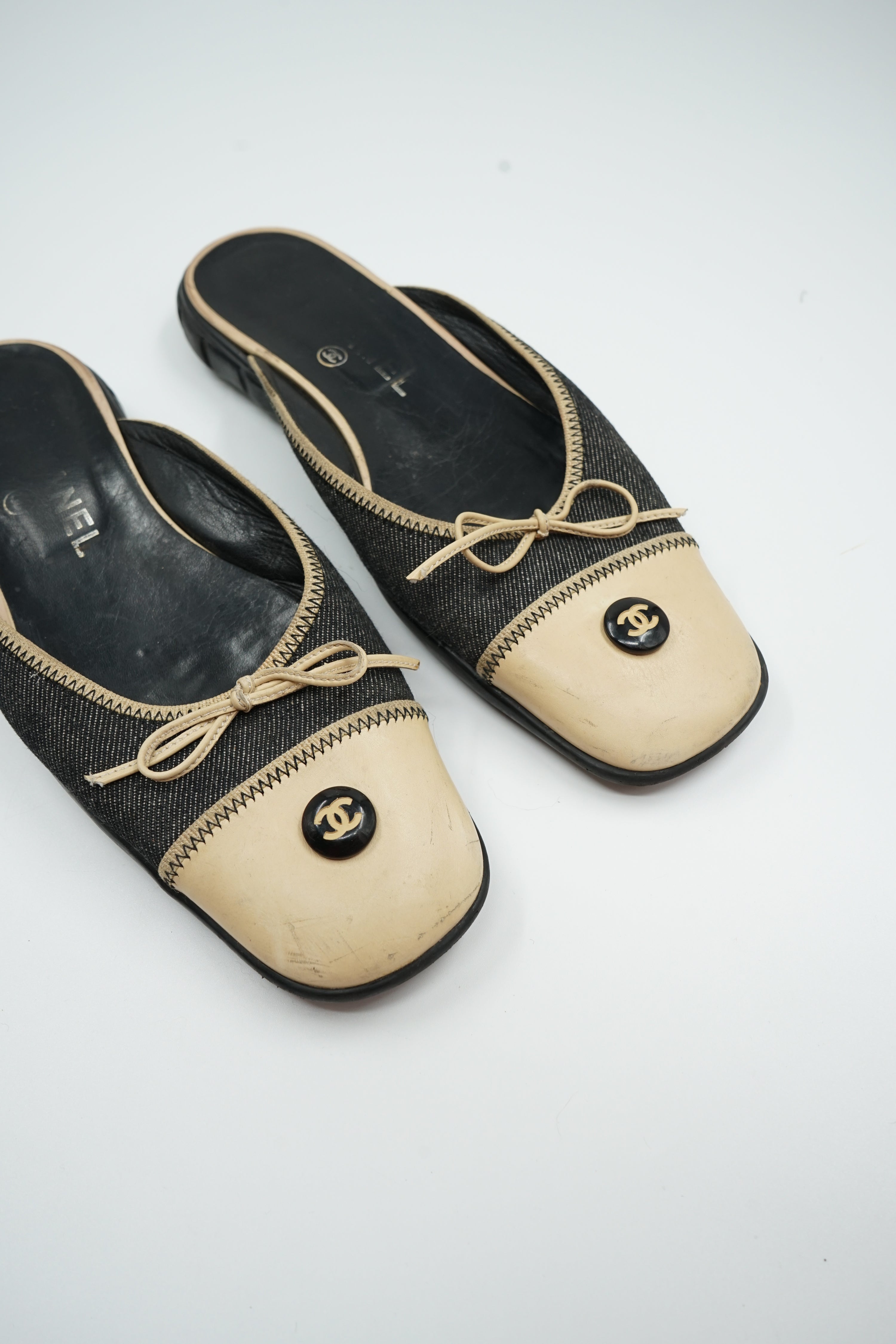 Chanel 2002 Denim Logo Button Ballet Mules
