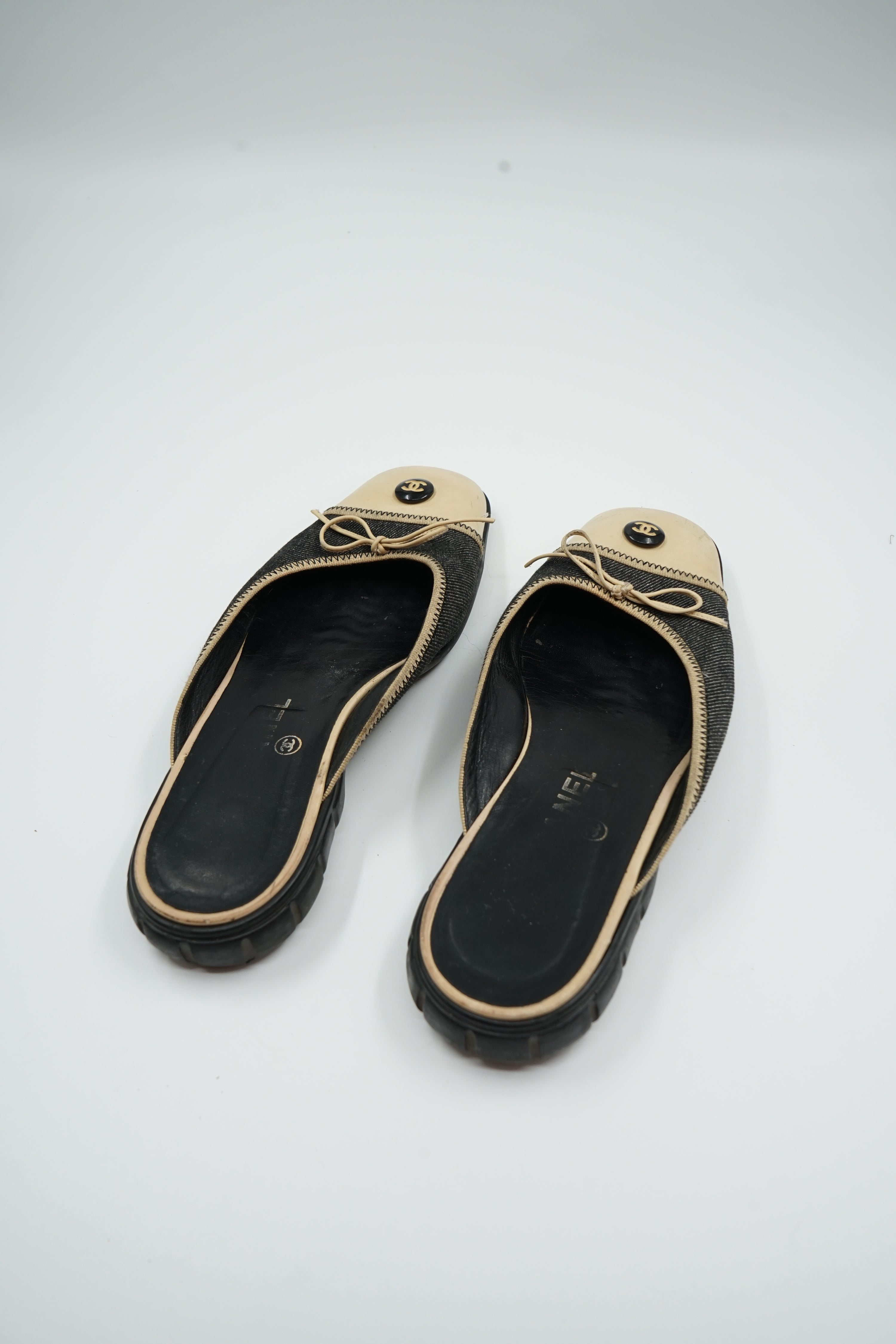 Chanel 2002 Denim Logo Button Ballet Mules