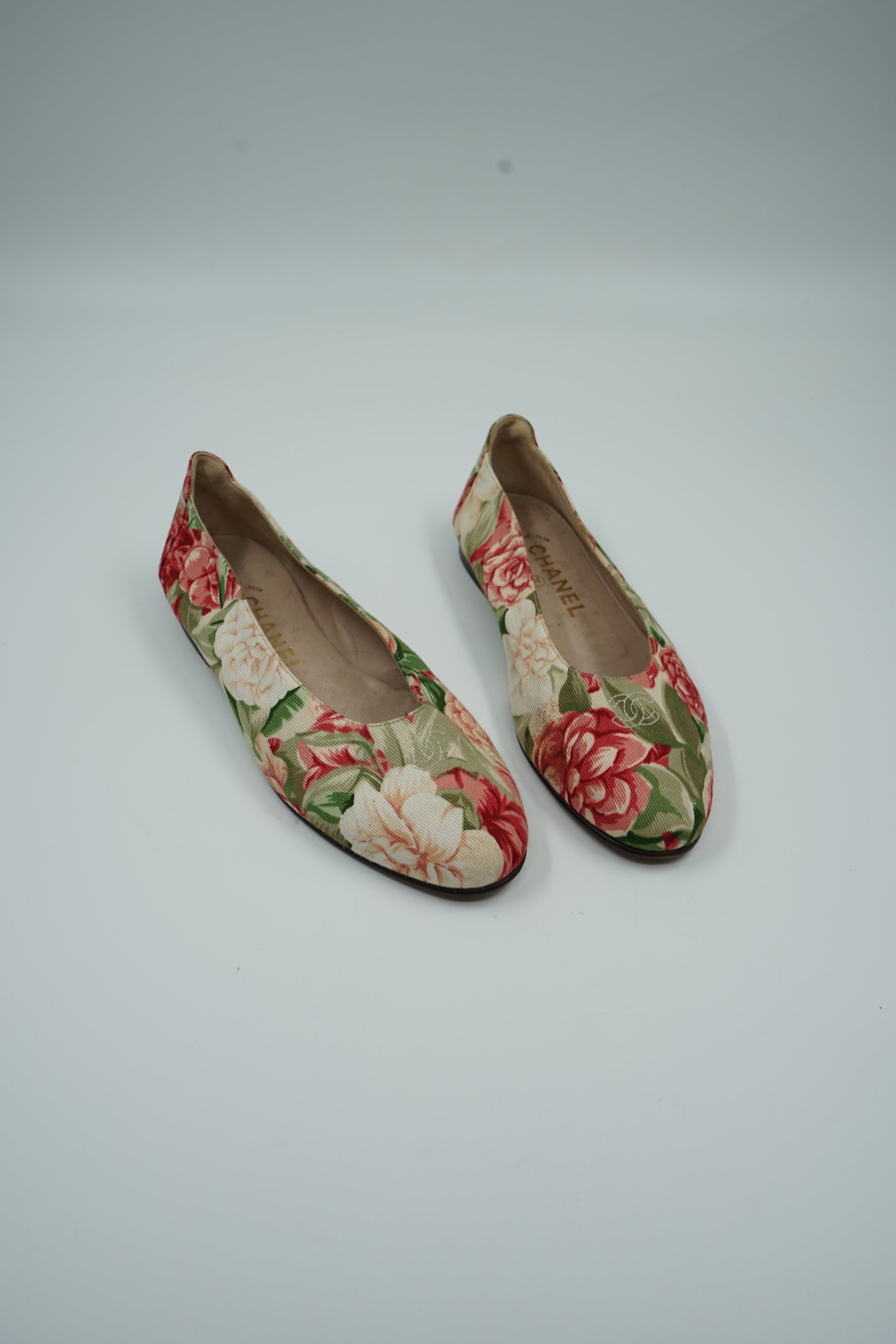 Chanel Floral Print Logo Ballet Flats