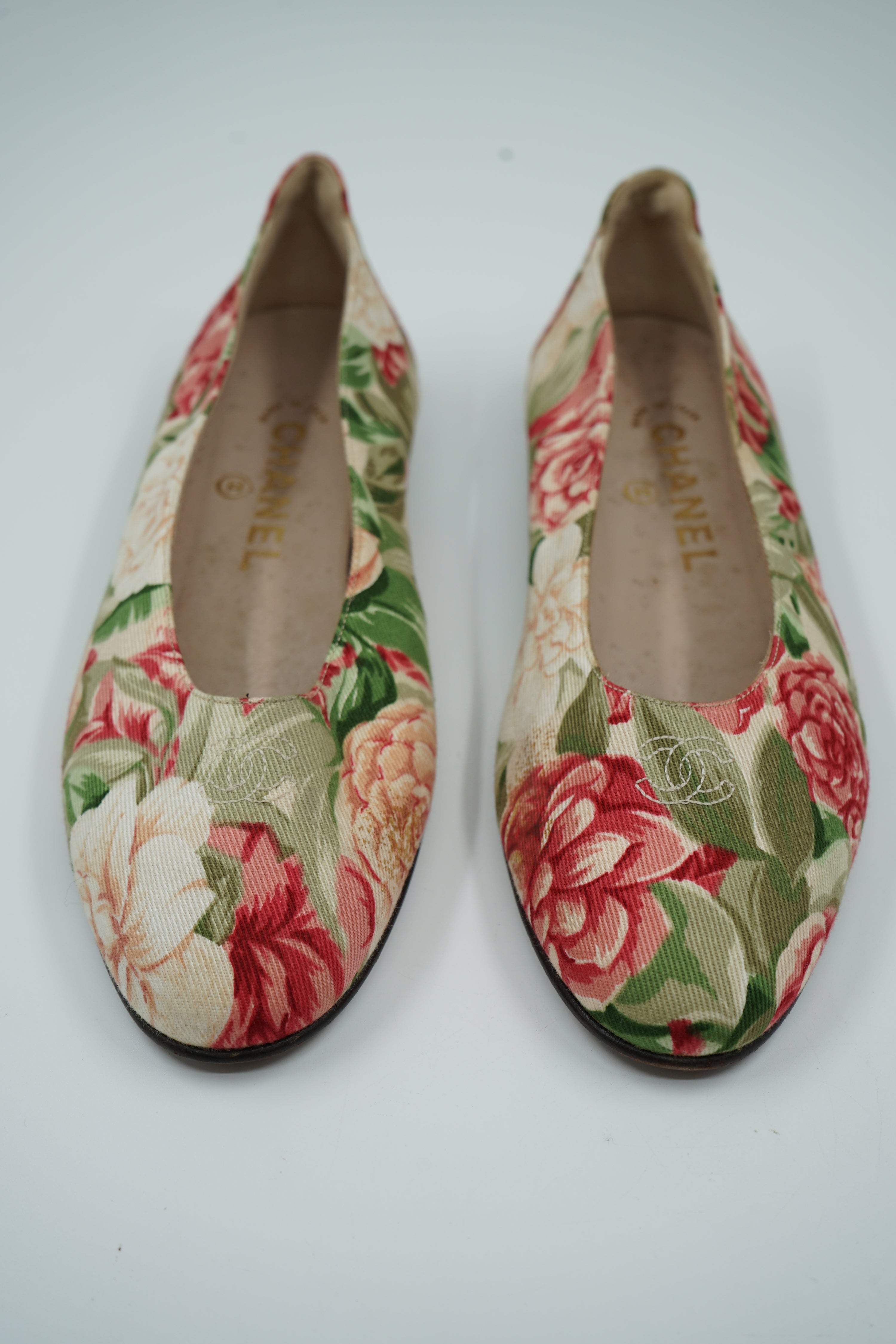 Chanel Floral Print Logo Ballet Flats