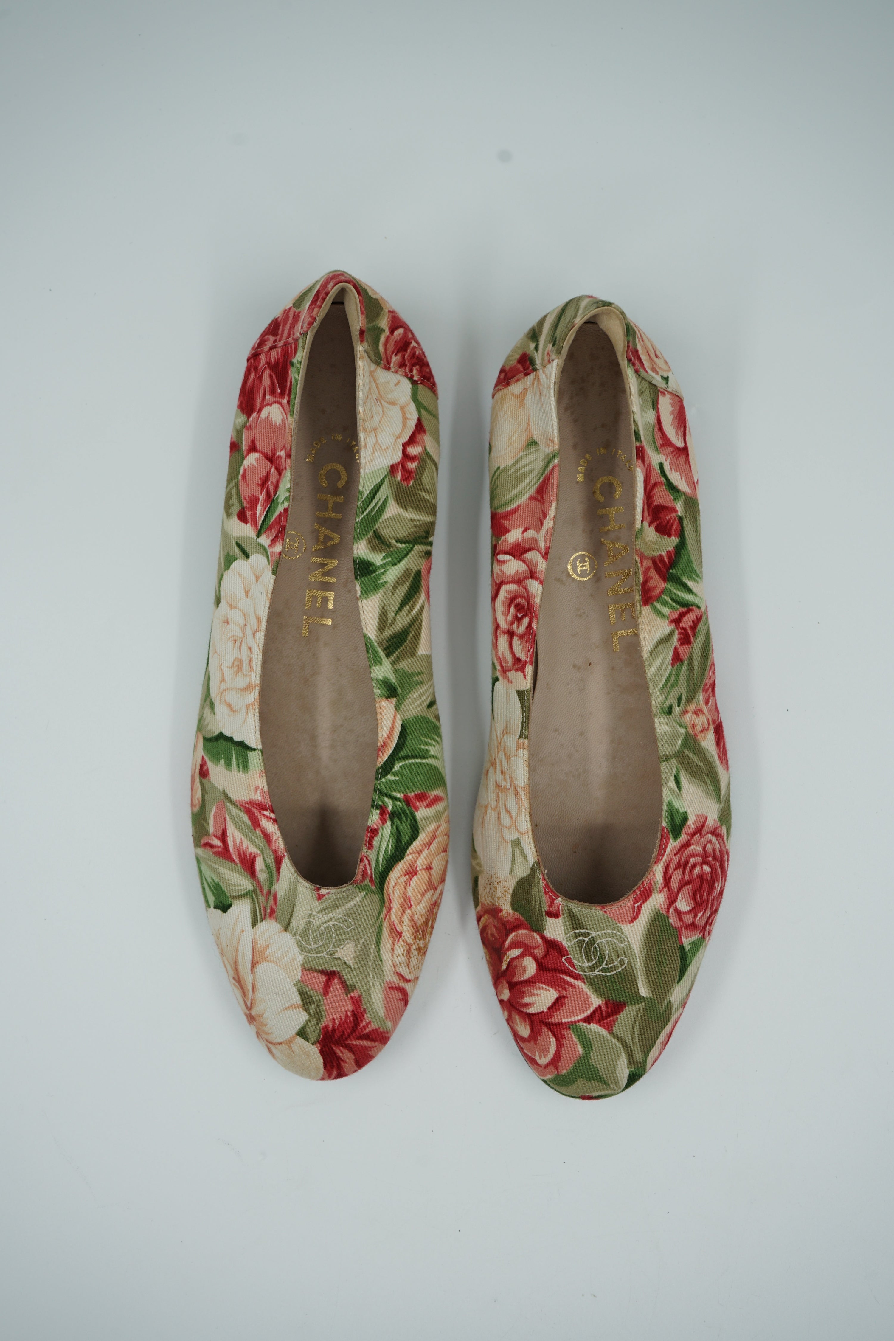 Chanel Floral Print Logo Ballet Flats