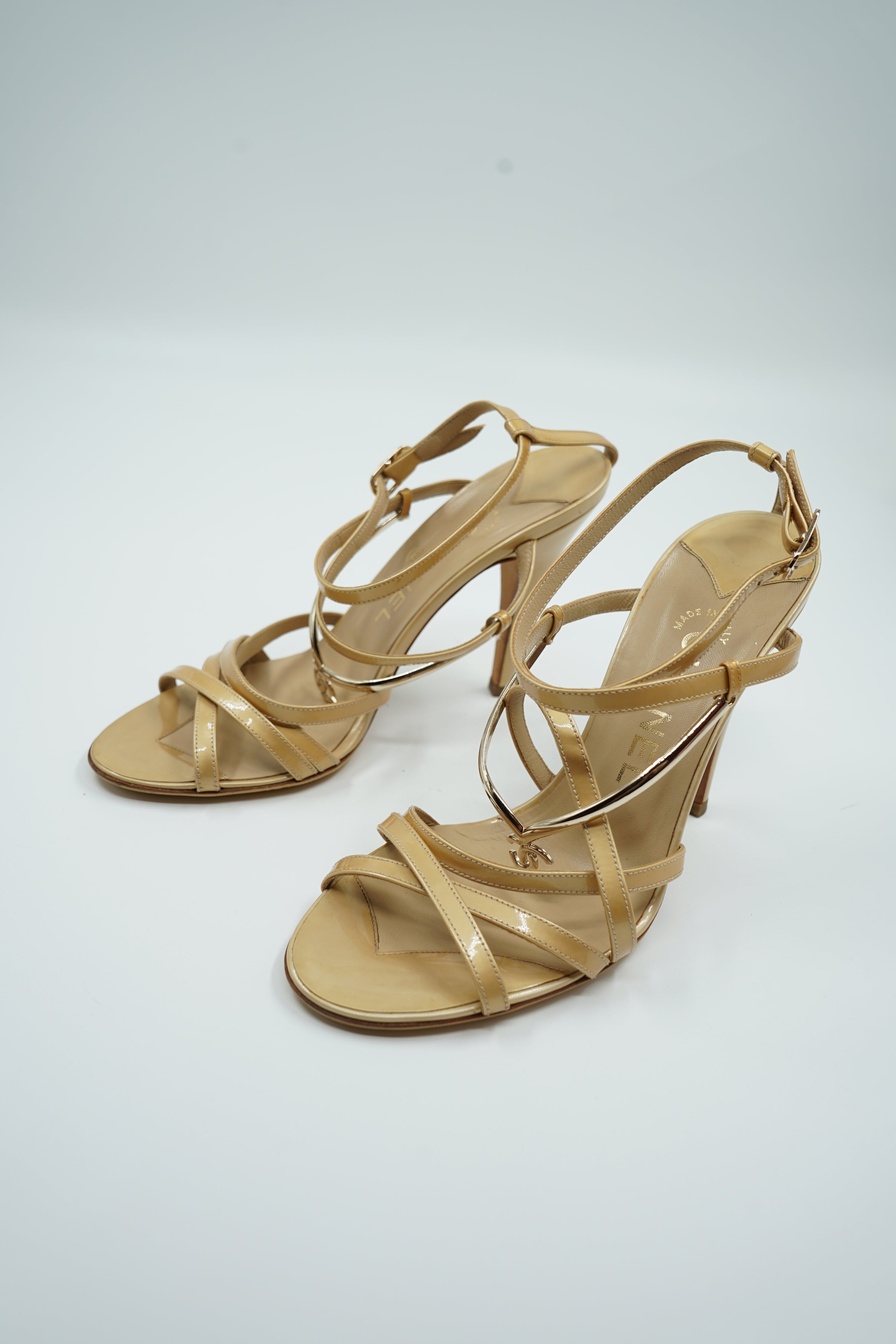 Chanel Strappy Metal Logo Heels