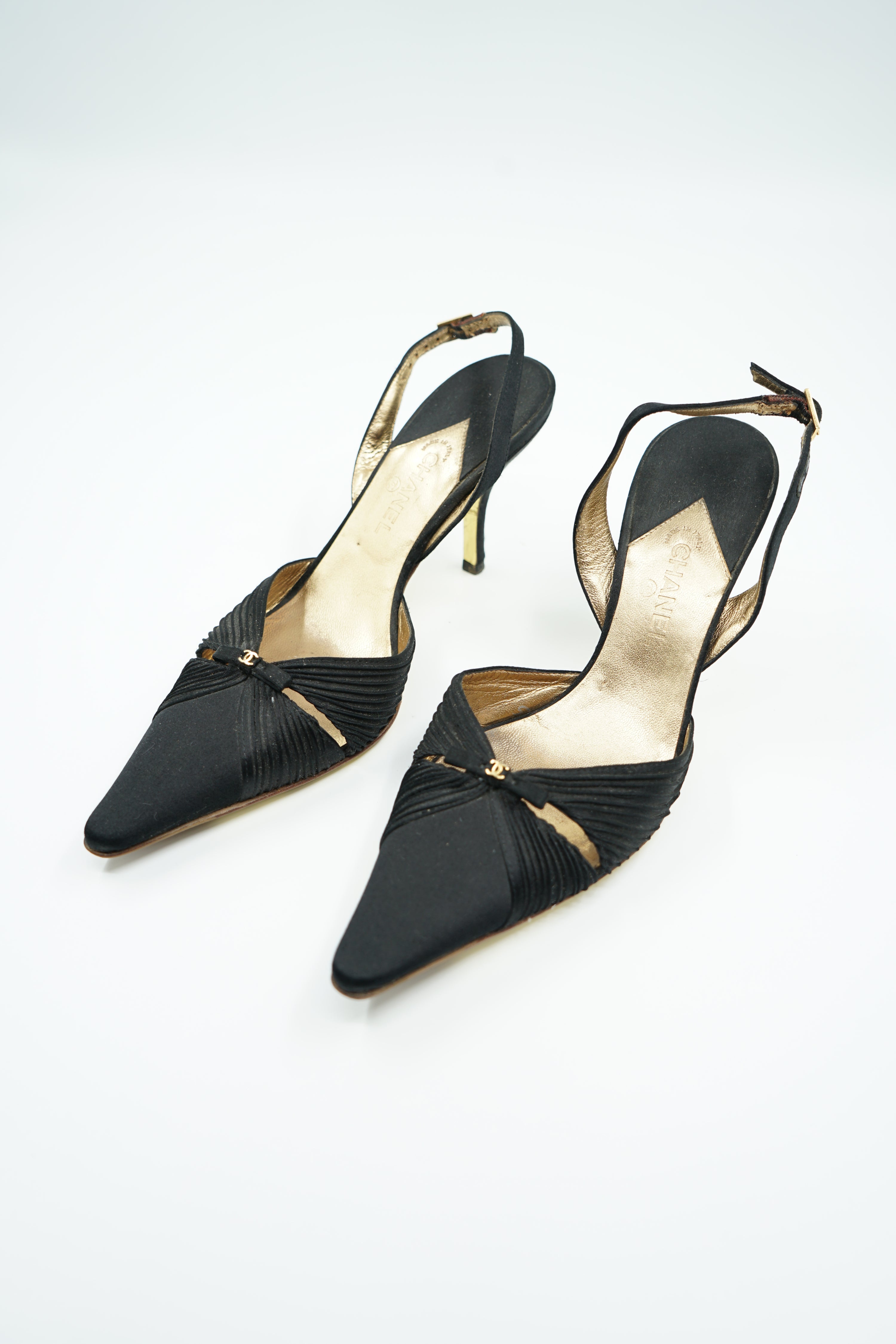 Chanel Satin Bow Slip Heels