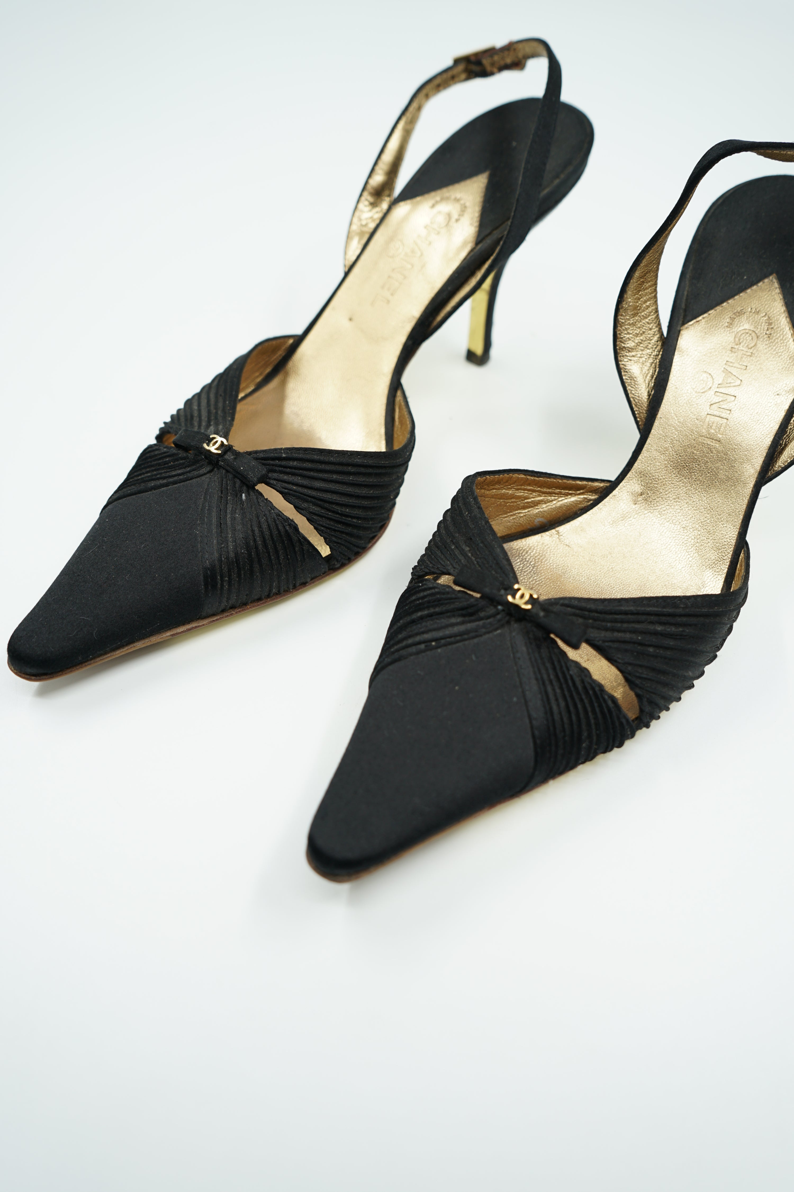 Chanel Satin Bow Slip Heels