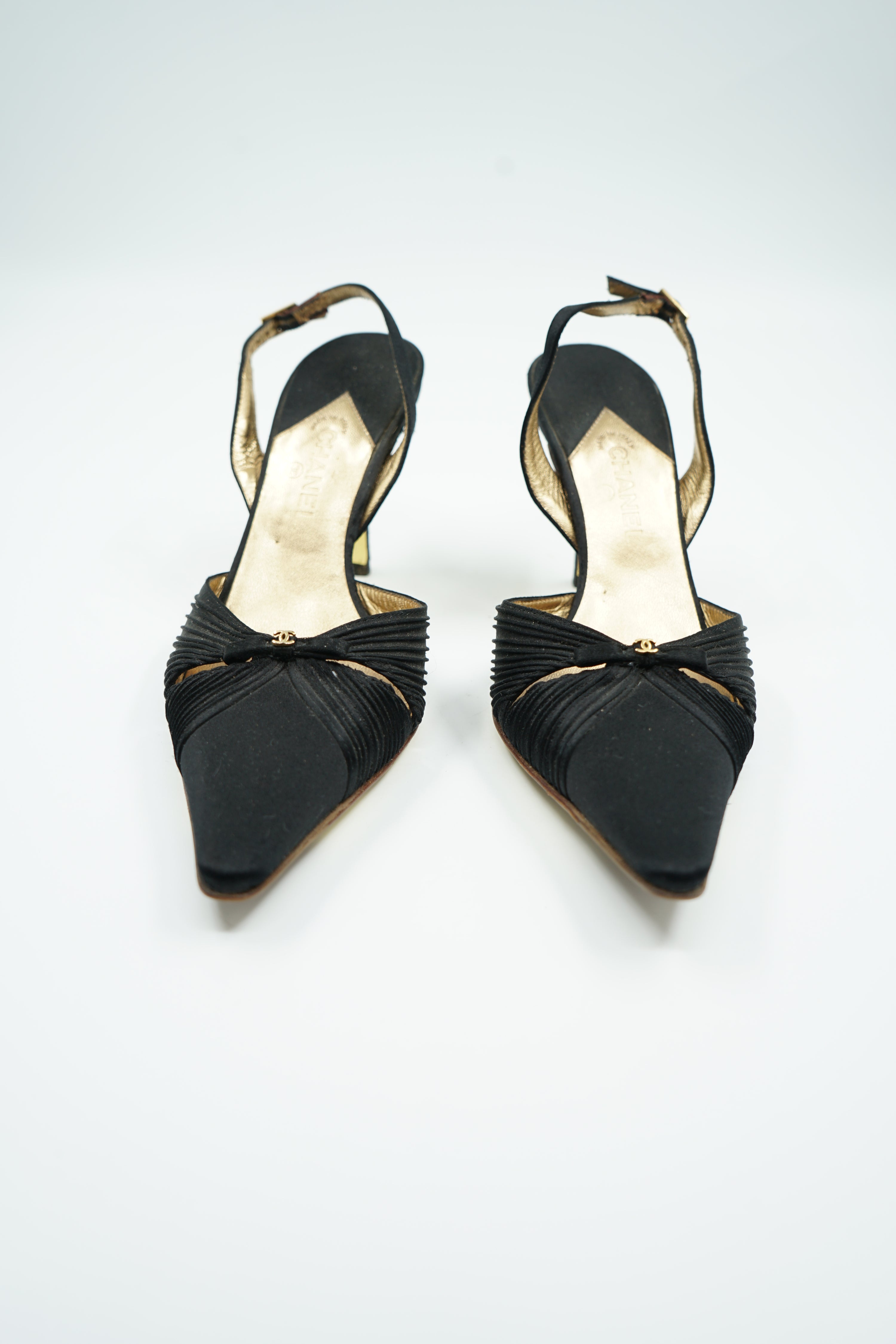 Chanel Satin Bow Slip Heels