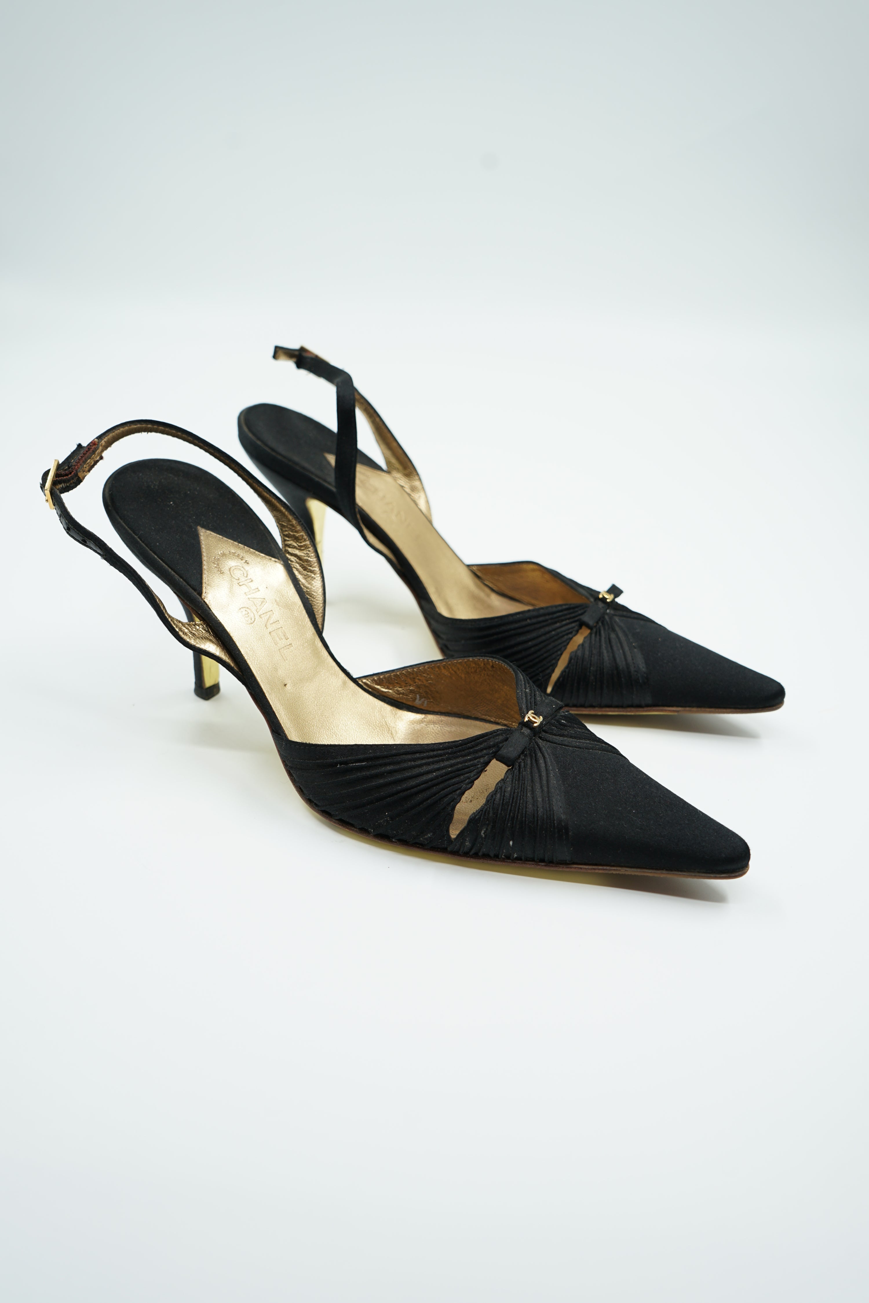 Chanel Satin Bow Slip Heels