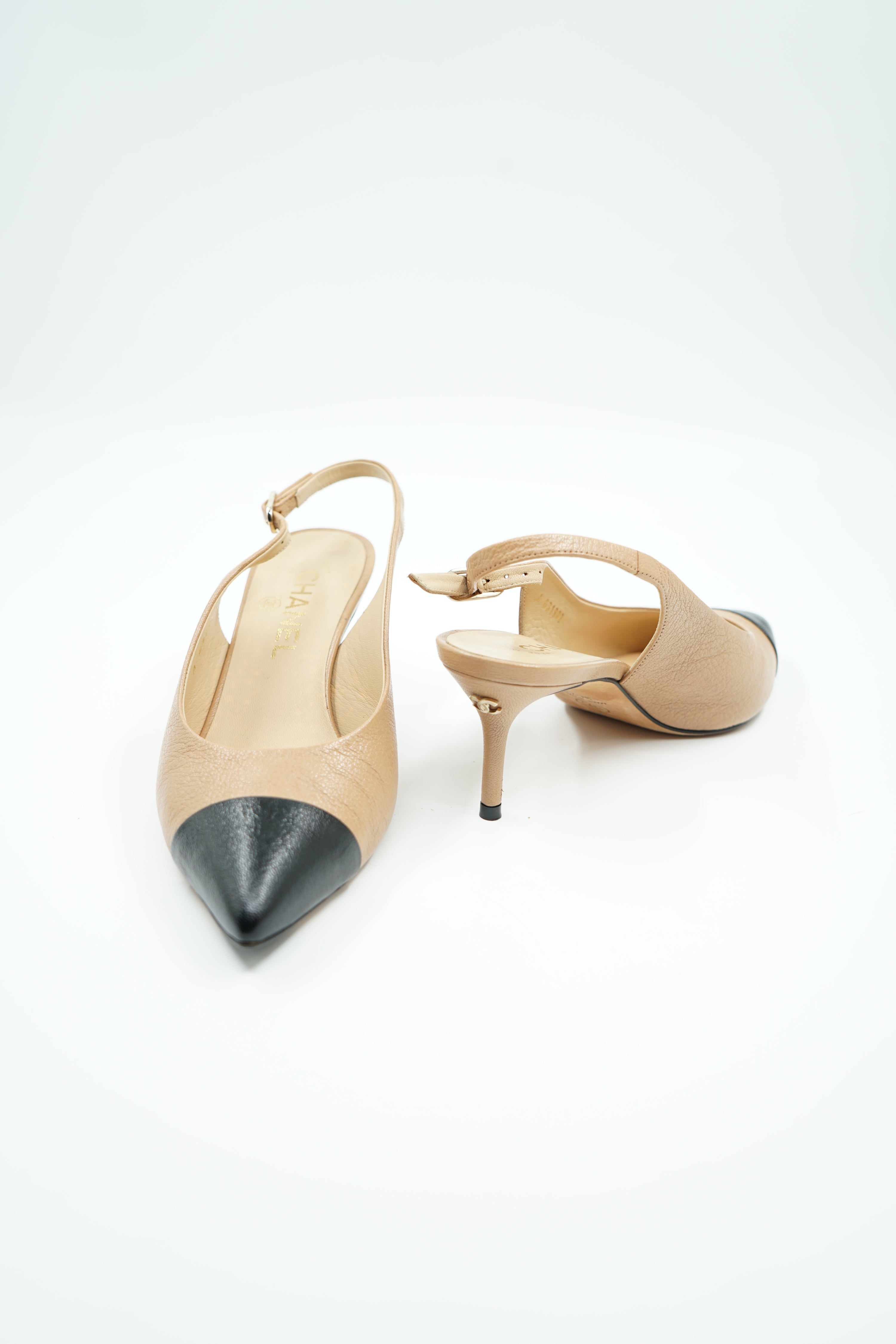 Chanel Two Tone Logo Slingback Heels