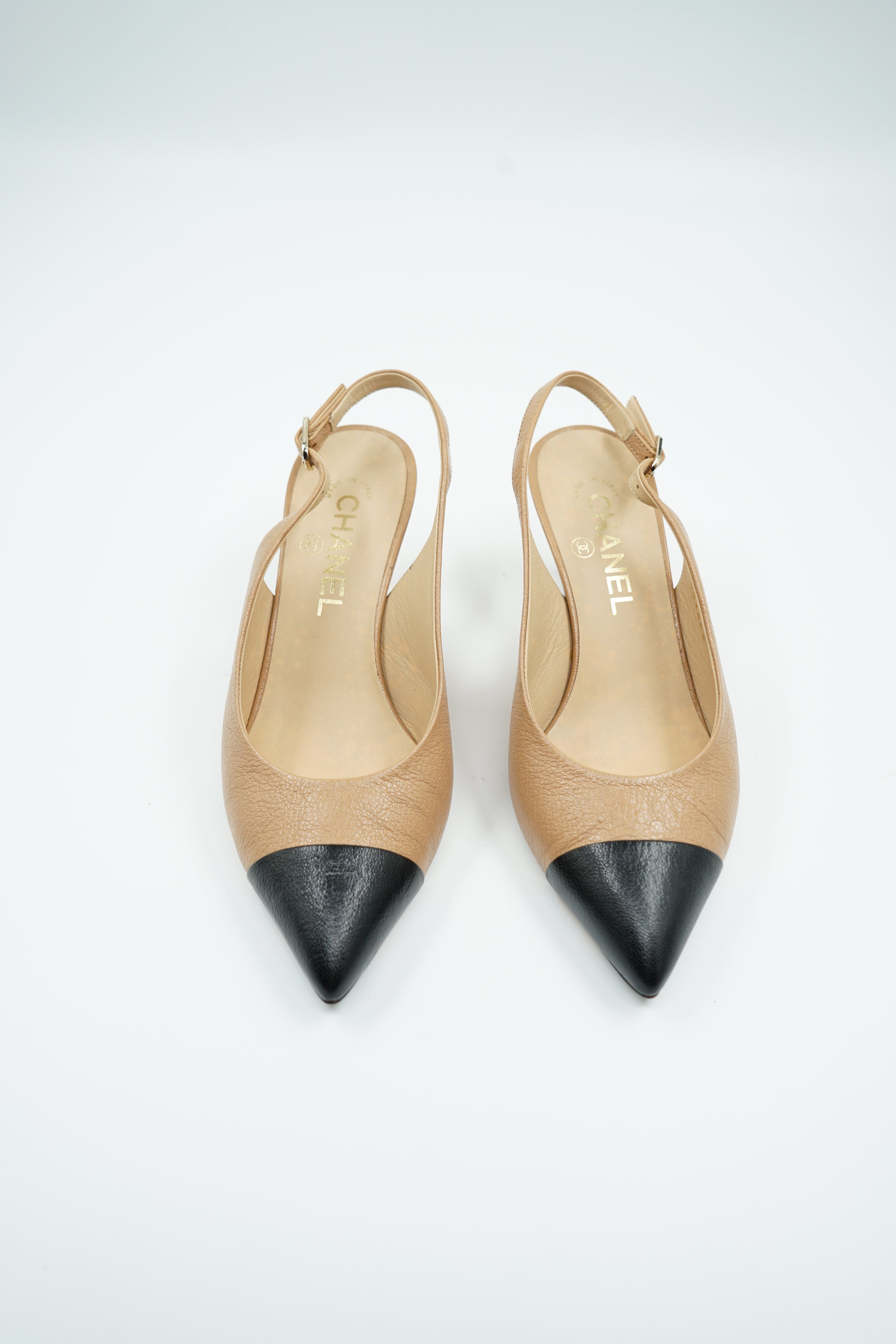 Chanel Two Tone Logo Slingback Heels