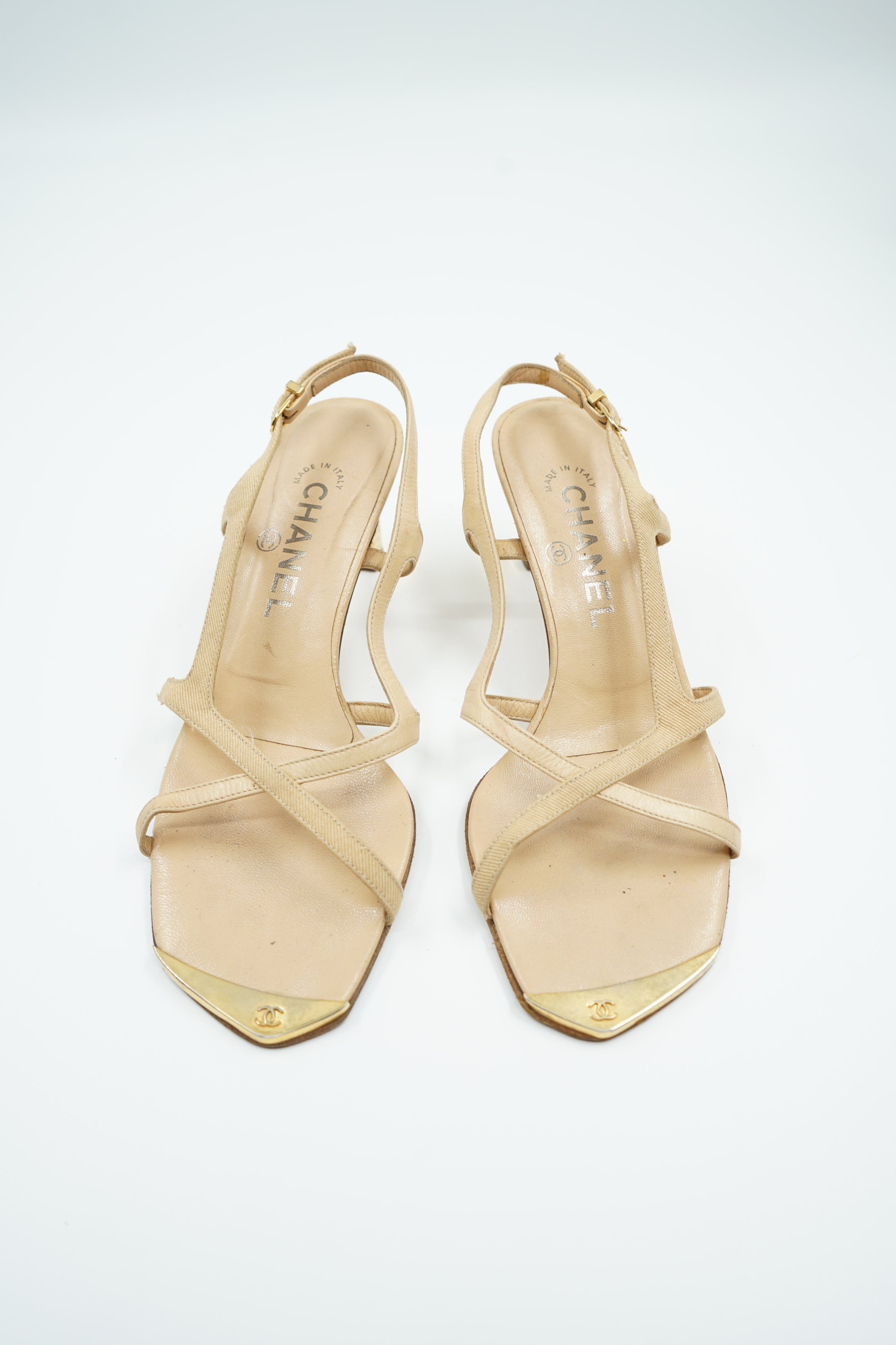 Chanel Plaque Logo Toe Sandal Heels Beige