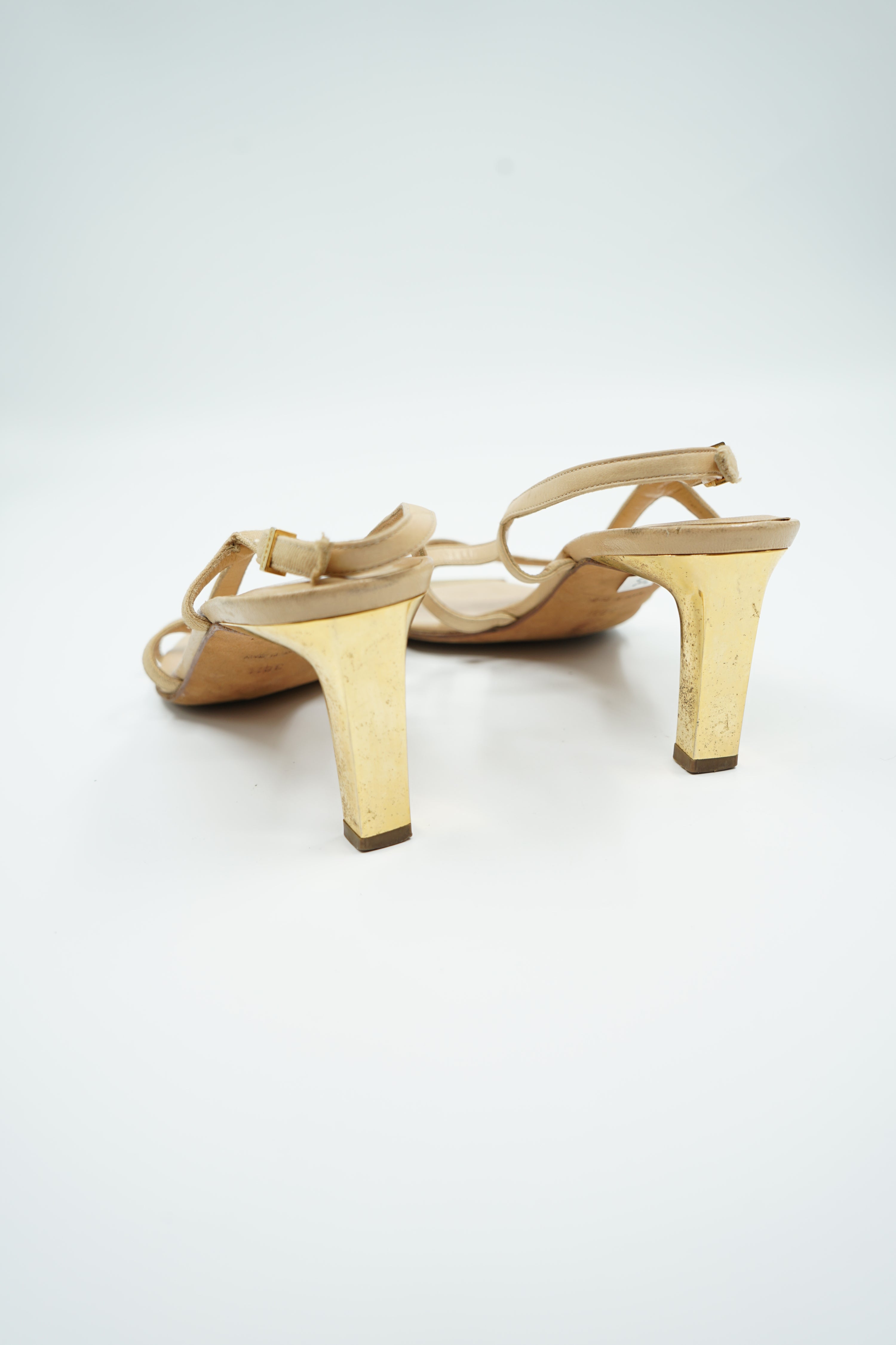 Chanel Plaque Logo Toe Sandal Heels Beige