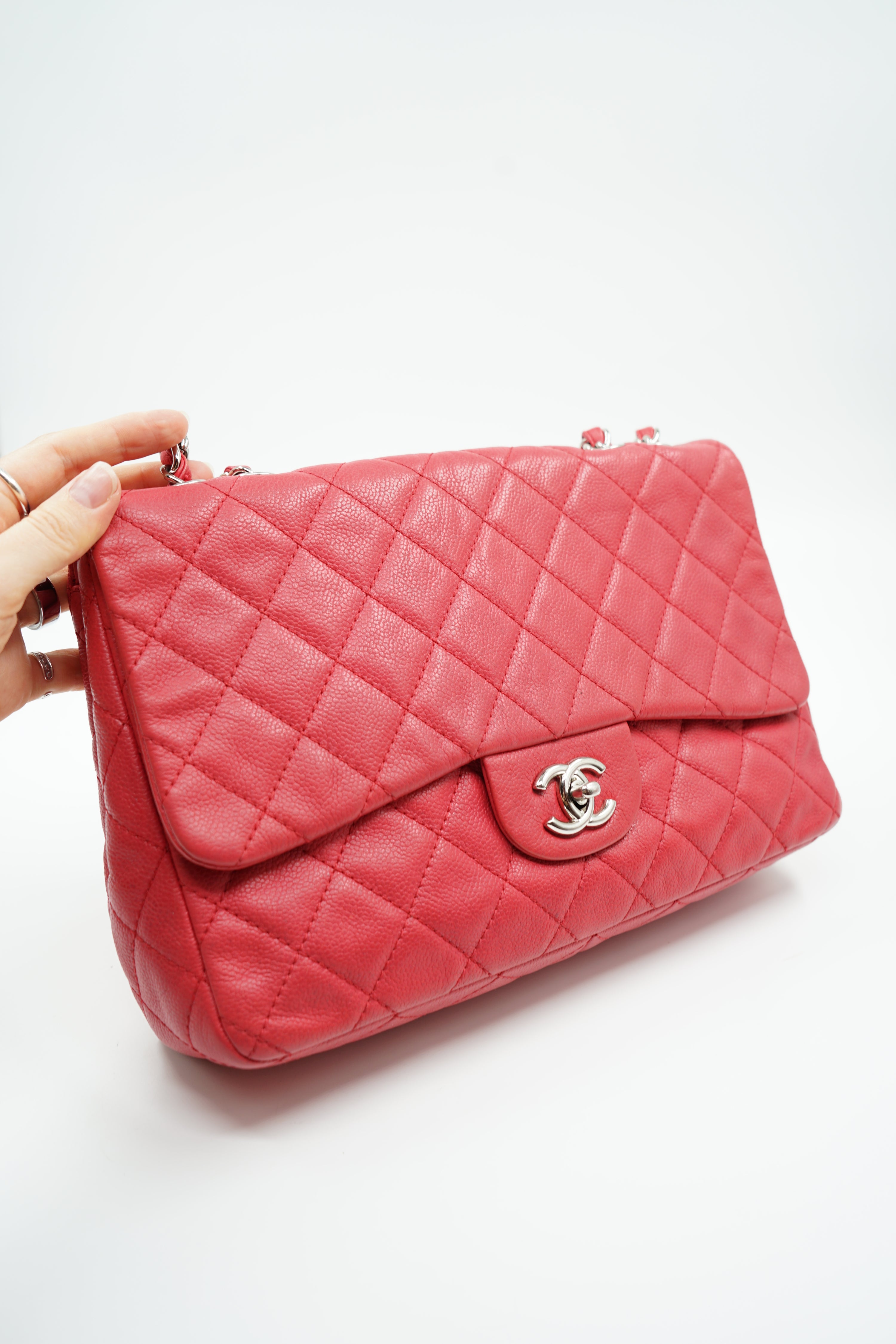 Chanel Caviar Jumbo Single Flap Coral Red