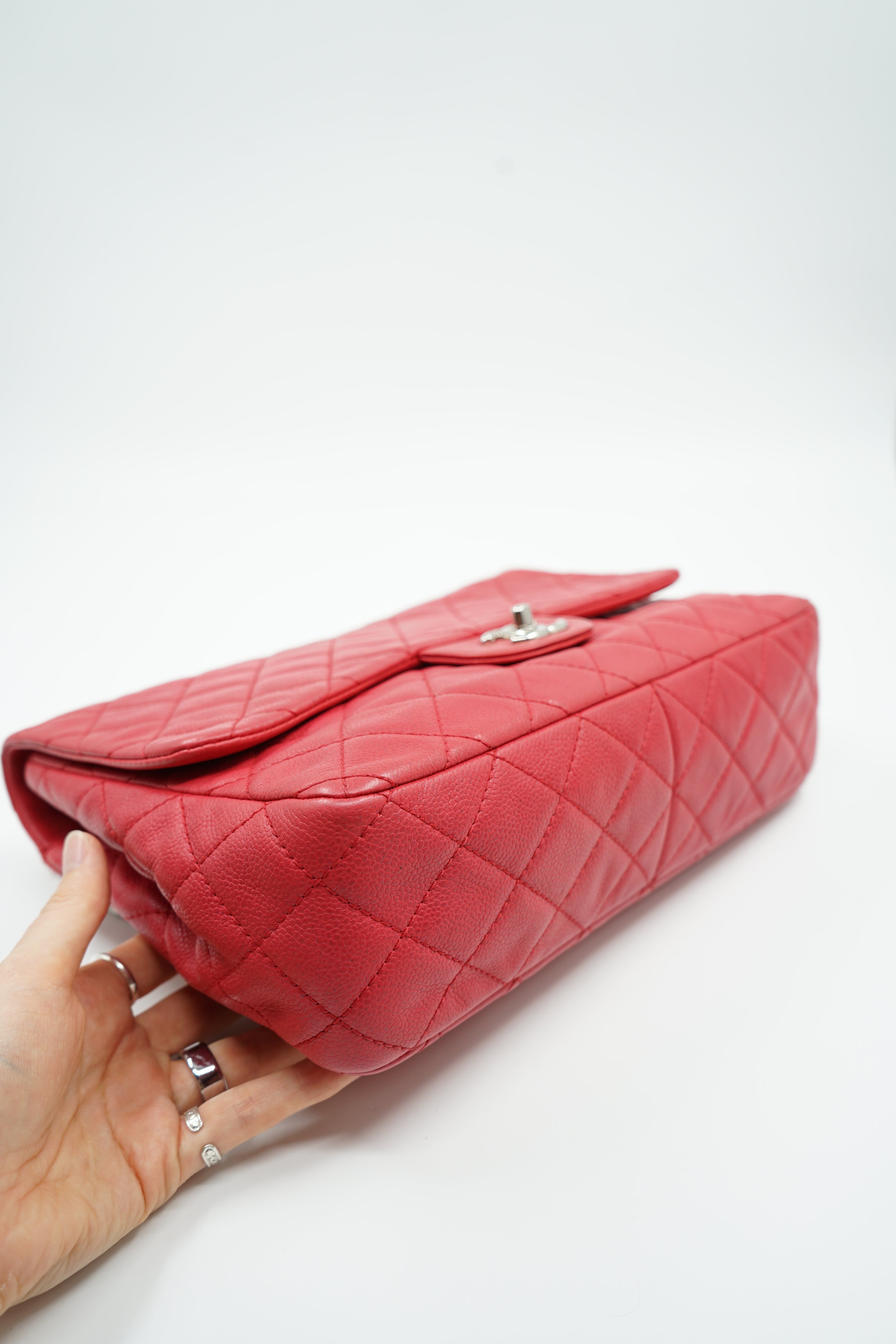 Chanel Caviar Jumbo Single Flap Coral Red