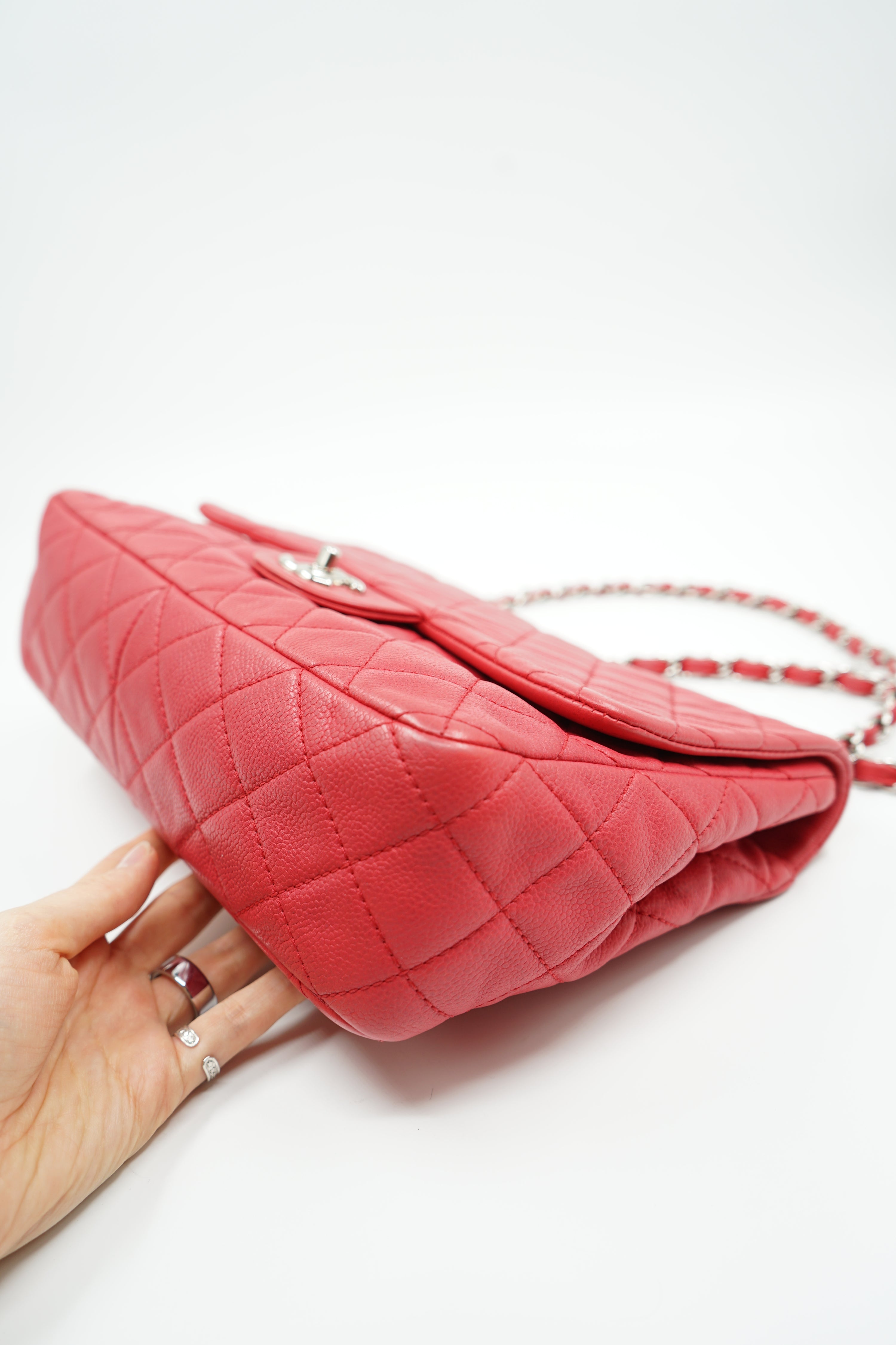 Chanel Caviar Jumbo Single Flap Coral Red