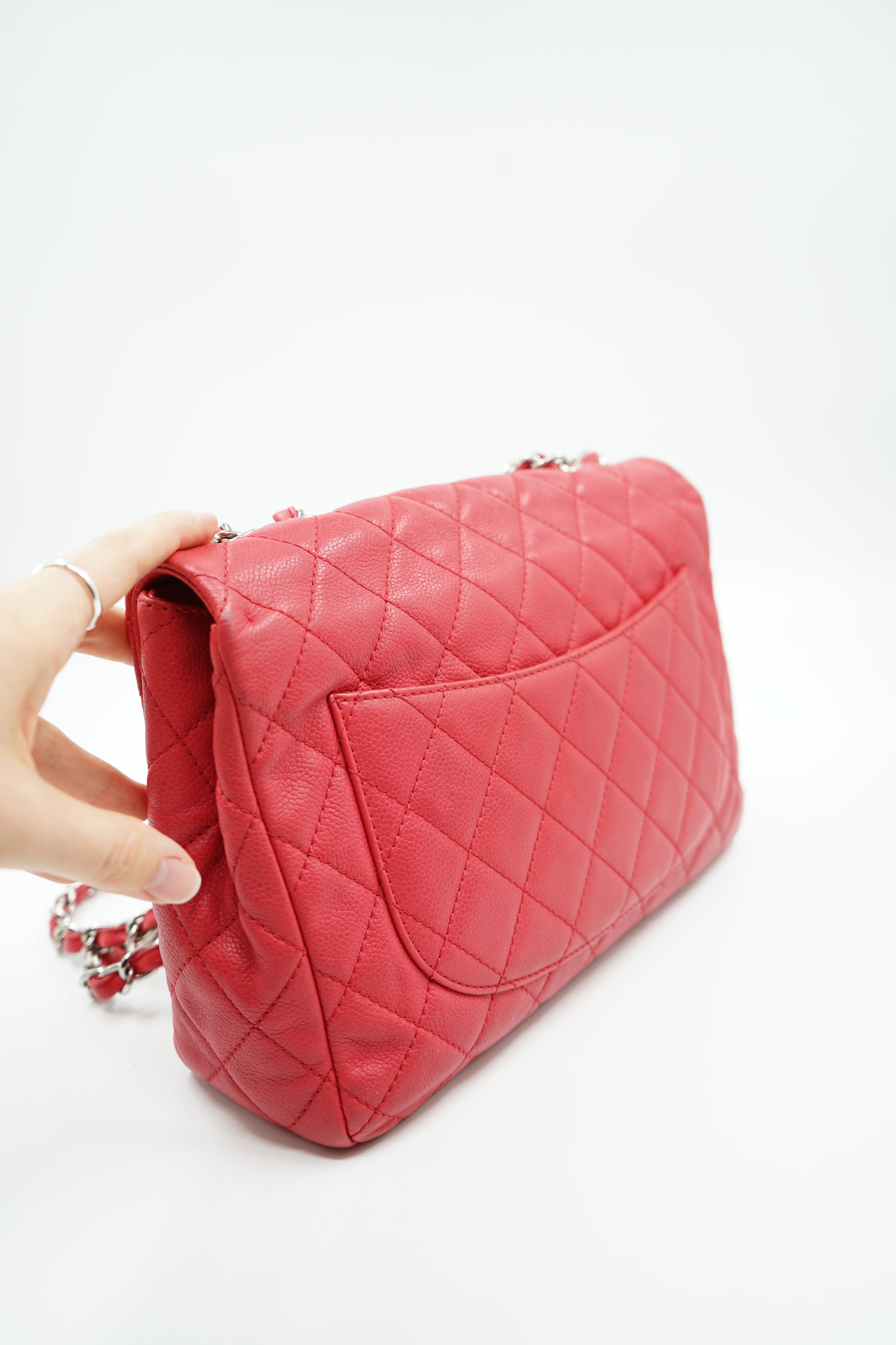 Chanel Caviar Jumbo Single Flap Coral Red
