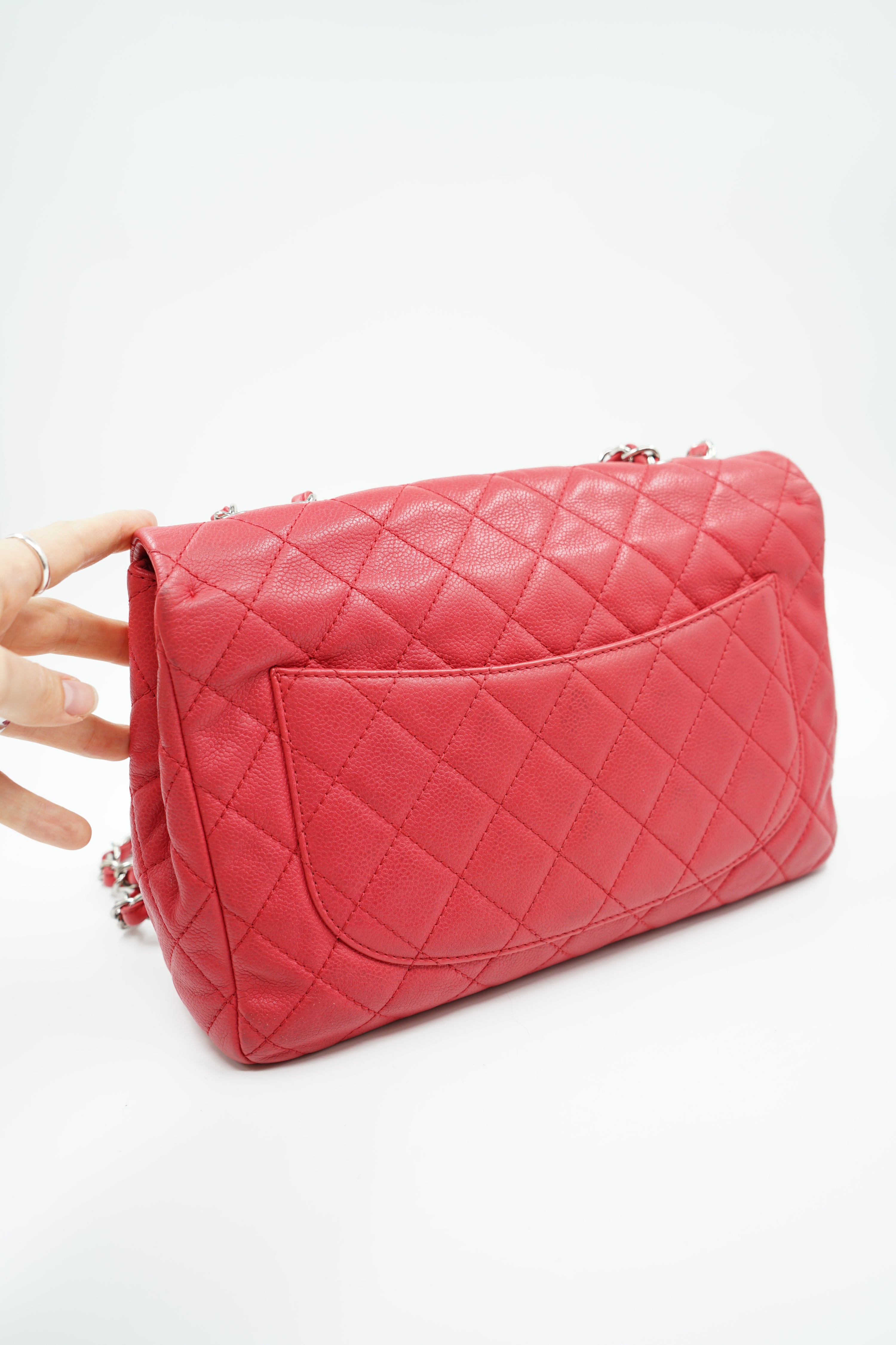 Chanel Caviar Jumbo Single Flap Coral Red