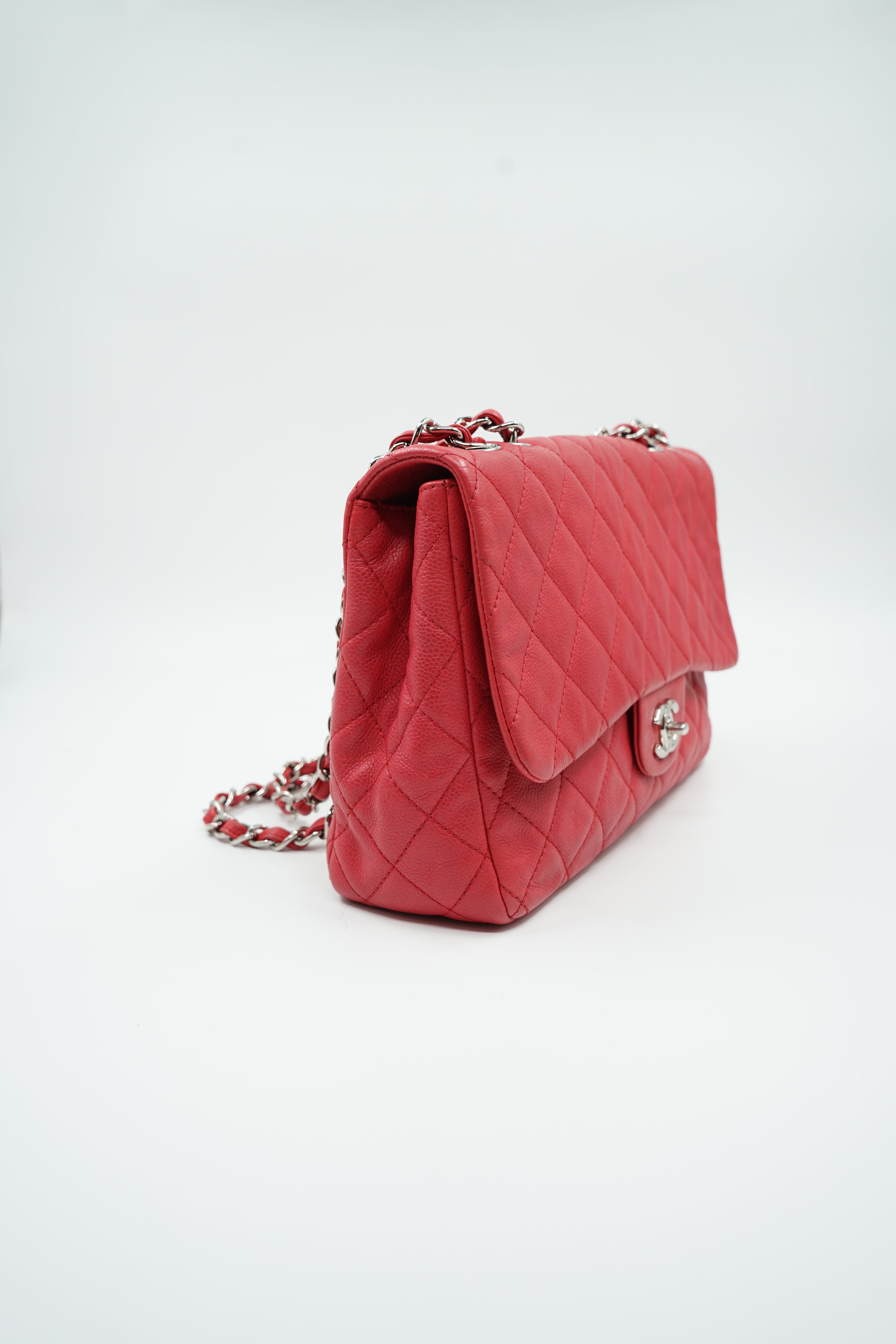 Chanel Caviar Jumbo Single Flap Coral Red