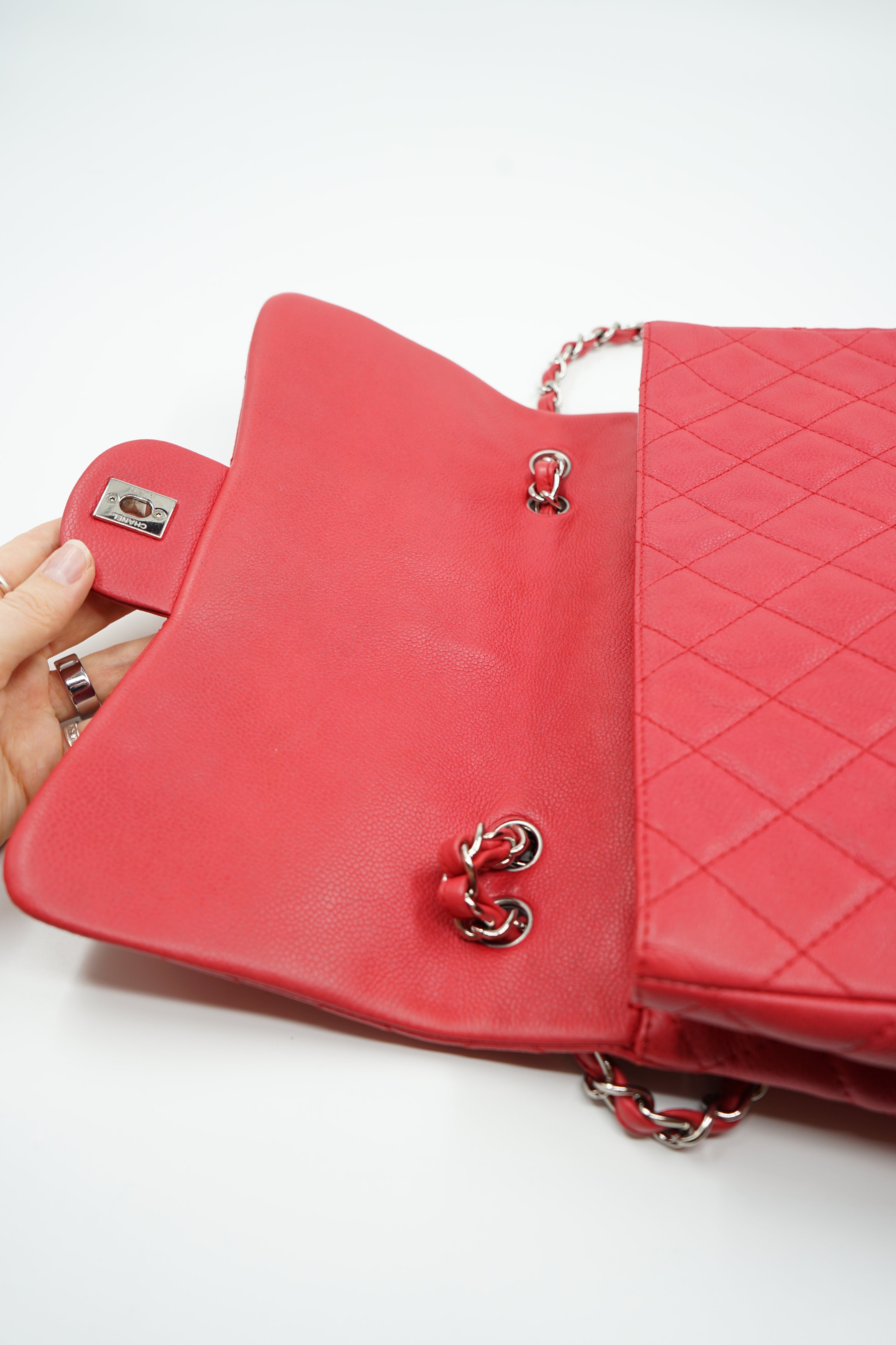 Chanel Caviar Jumbo Single Flap Coral Red