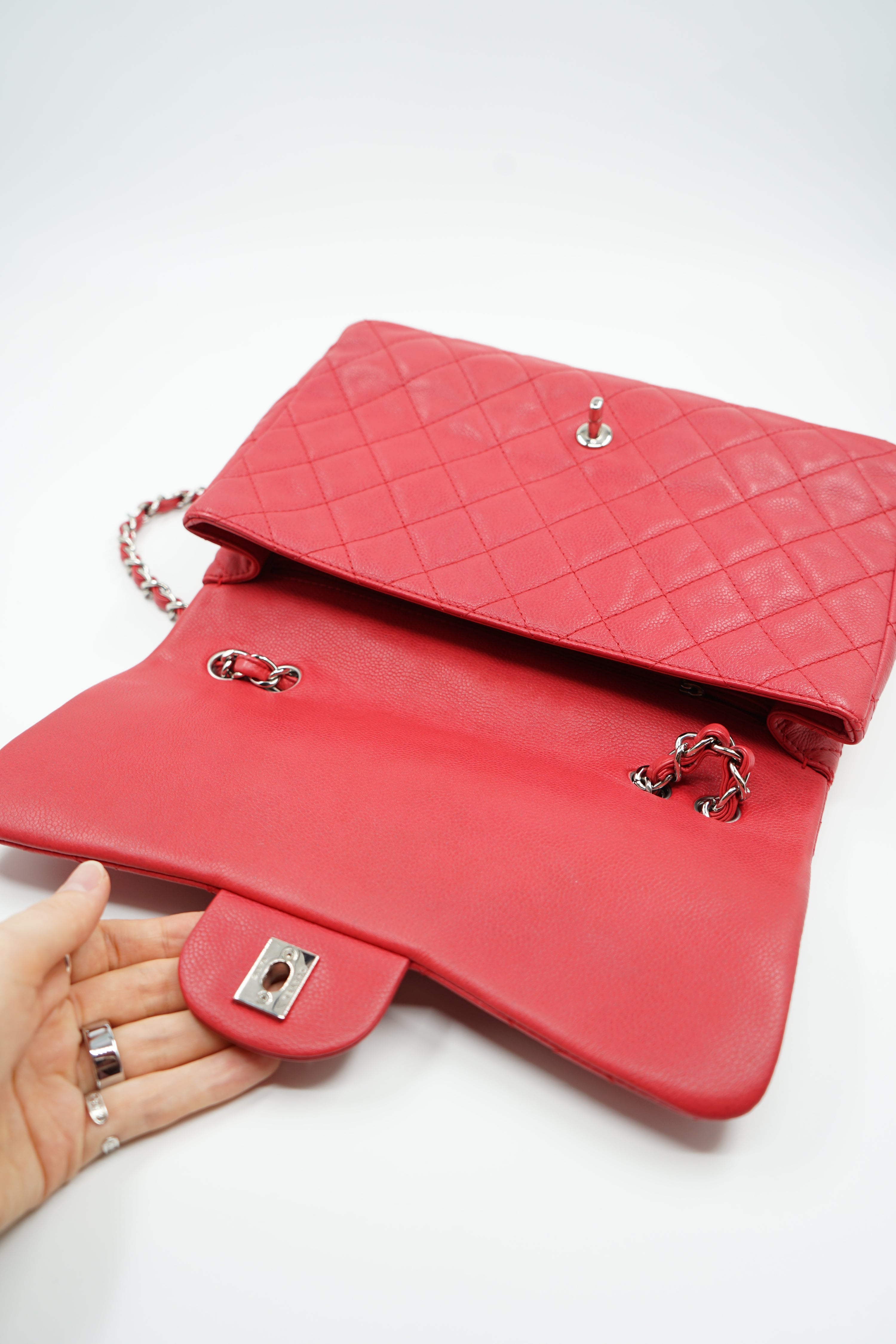 Chanel Caviar Jumbo Single Flap Coral Red