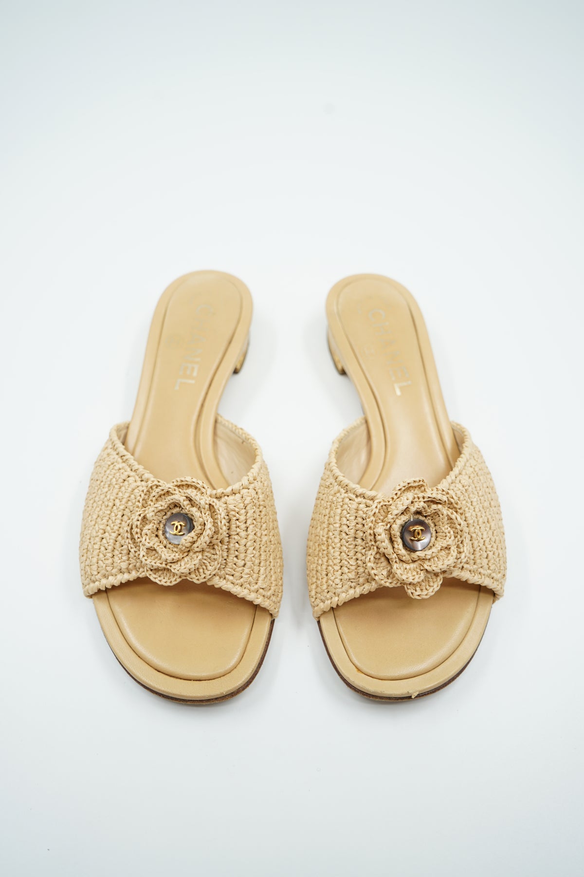 Chanel Raffia Camellia Slides