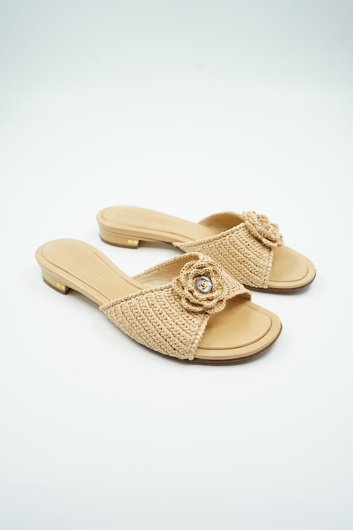 Chanel Raffia Camellia Slides