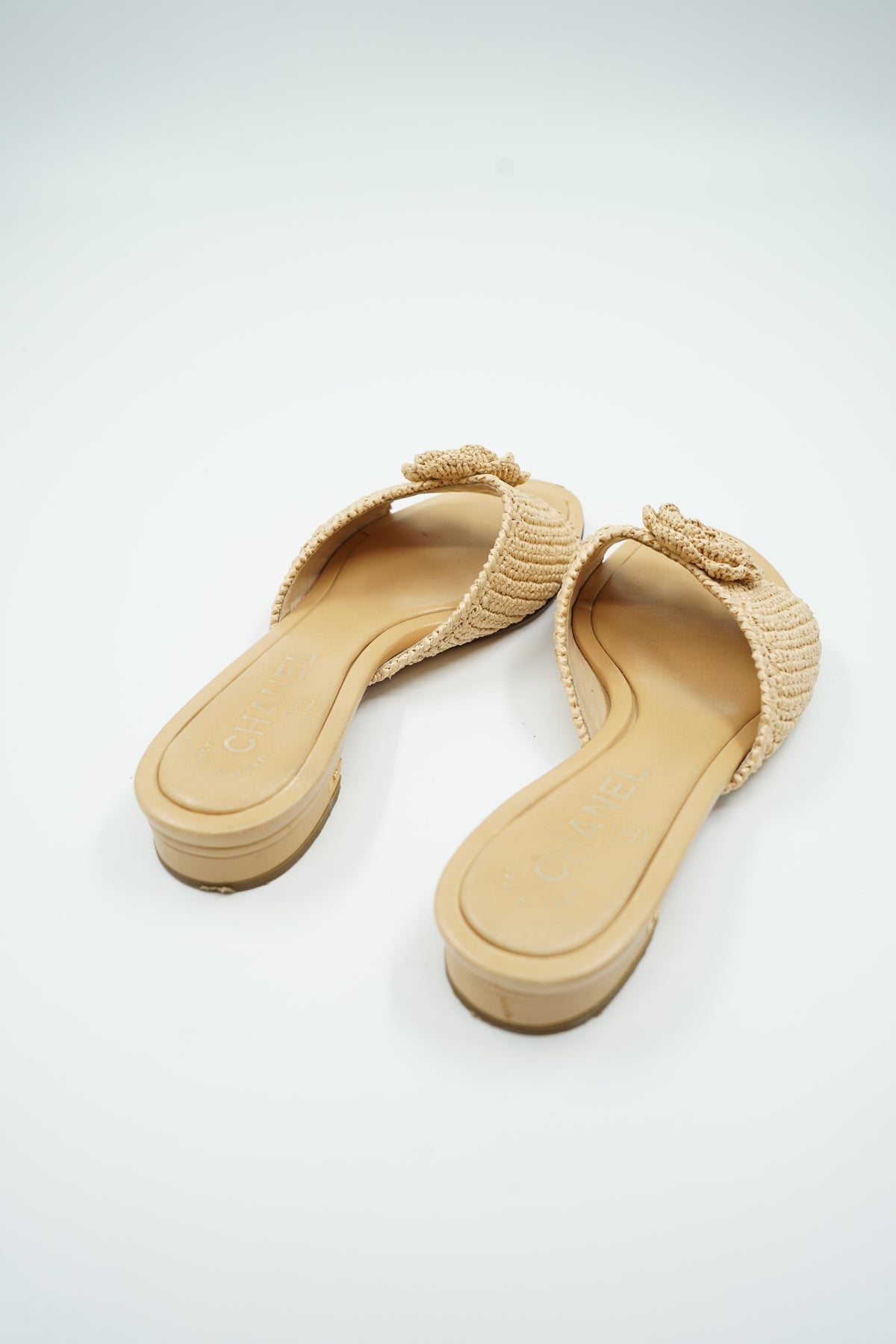 Chanel Raffia Camellia Slides