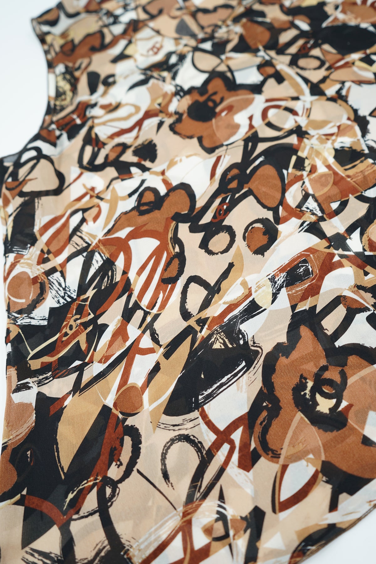 Chanel SS 2005 Logo Printed Silk Top Brown