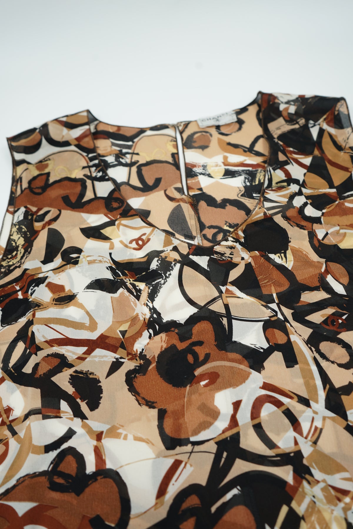 Chanel SS 2005 Logo Printed Silk Top Brown
