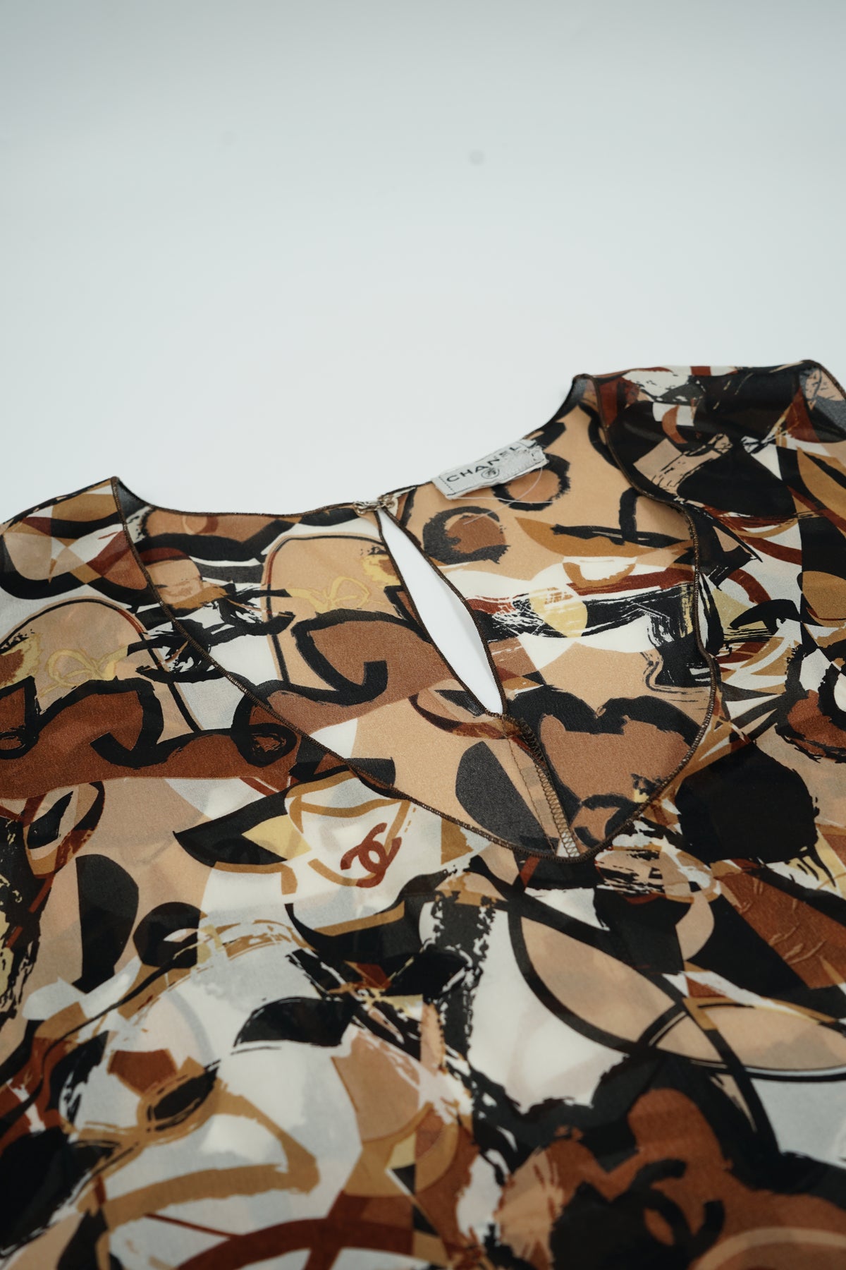 Chanel SS 2005 Logo Printed Silk Top Brown