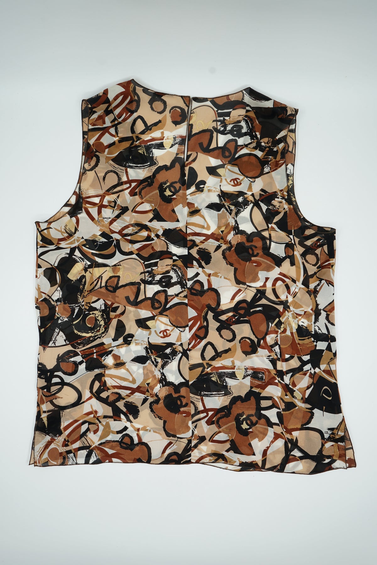 Chanel SS 2005 Logo Printed Silk Top Brown
