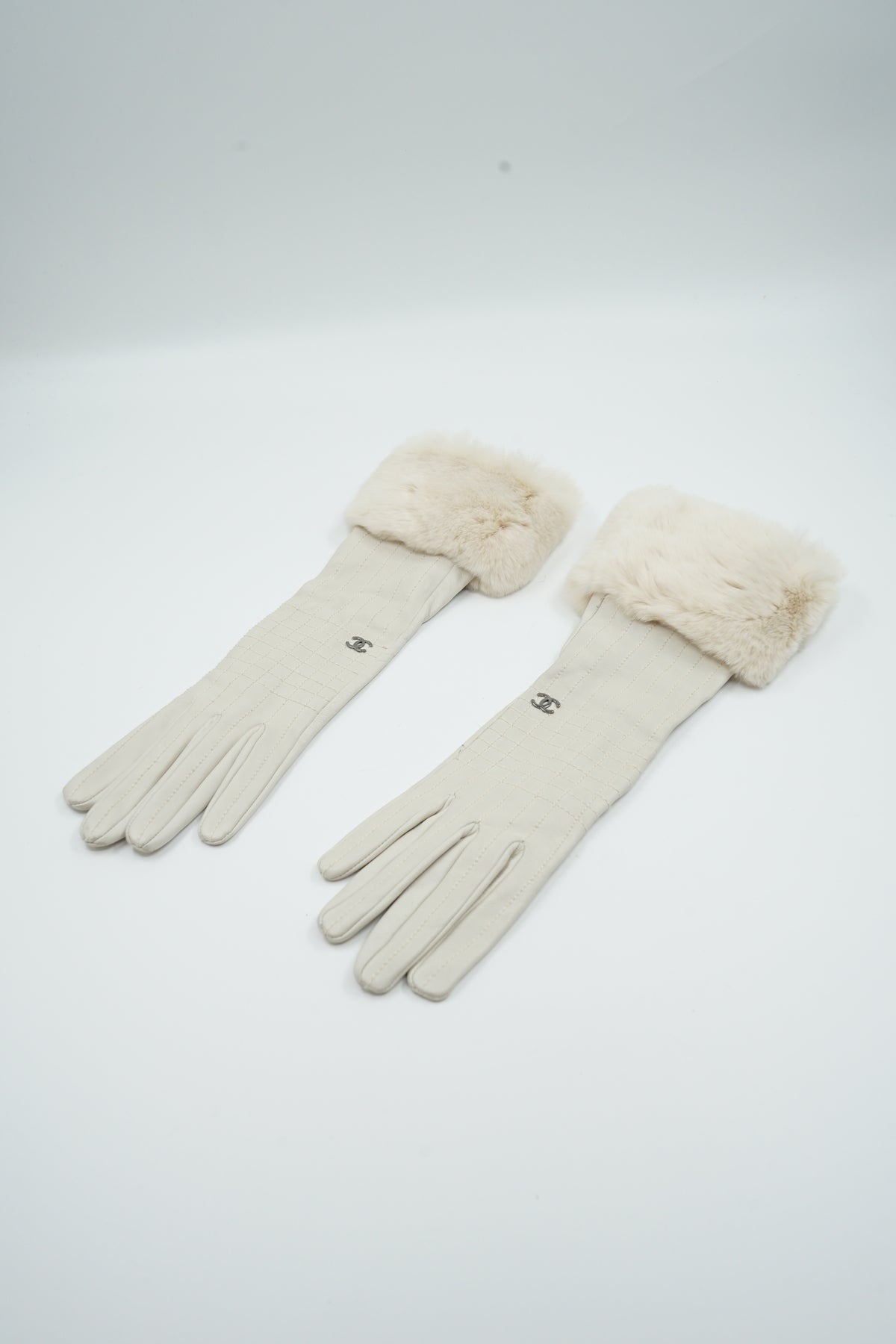 Chanel AW 2003 Chocolate Bar Long Gloves Fur Trim