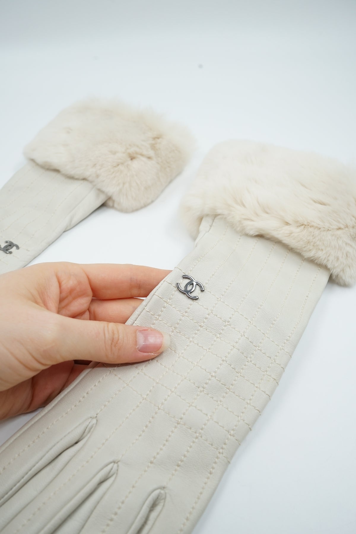 Chanel AW 2003 Chocolate Bar Long Gloves Fur Trim