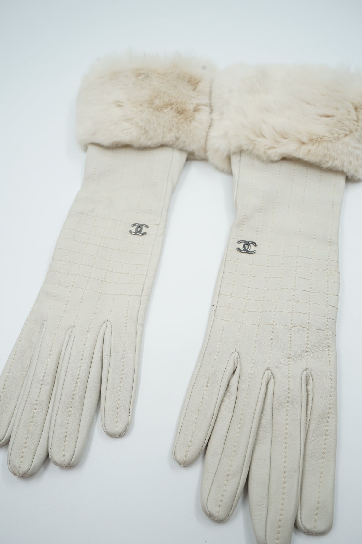 Chanel AW 2003 Chocolate Bar Long Gloves Fur Trim
