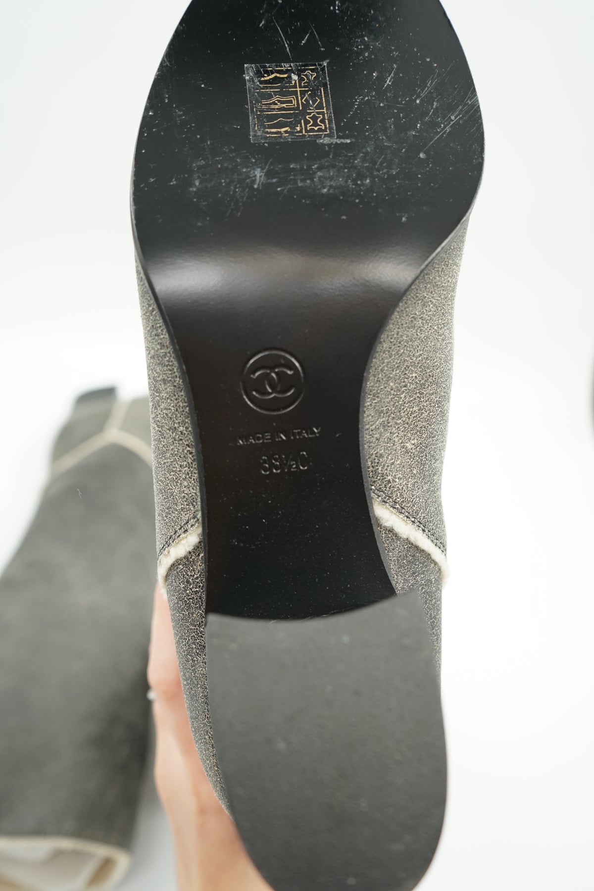 Chanel Suede Logo Heeled Boots