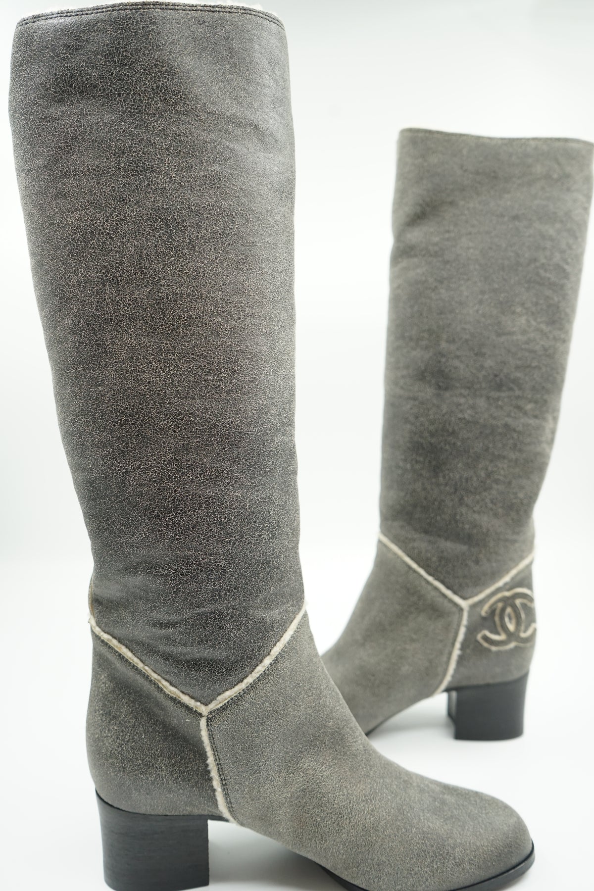 Chanel Suede Logo Heeled Boots