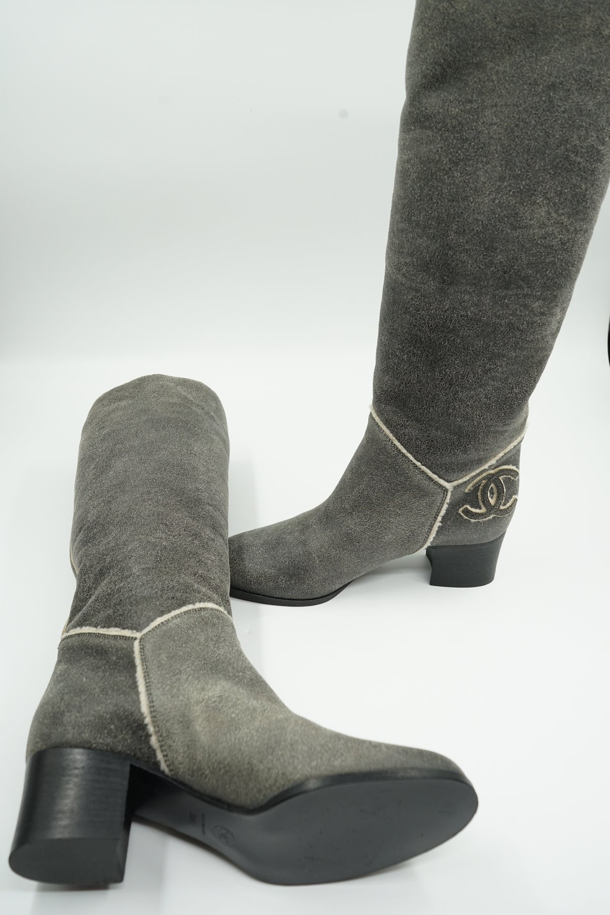 Chanel Suede Logo Heeled Boots