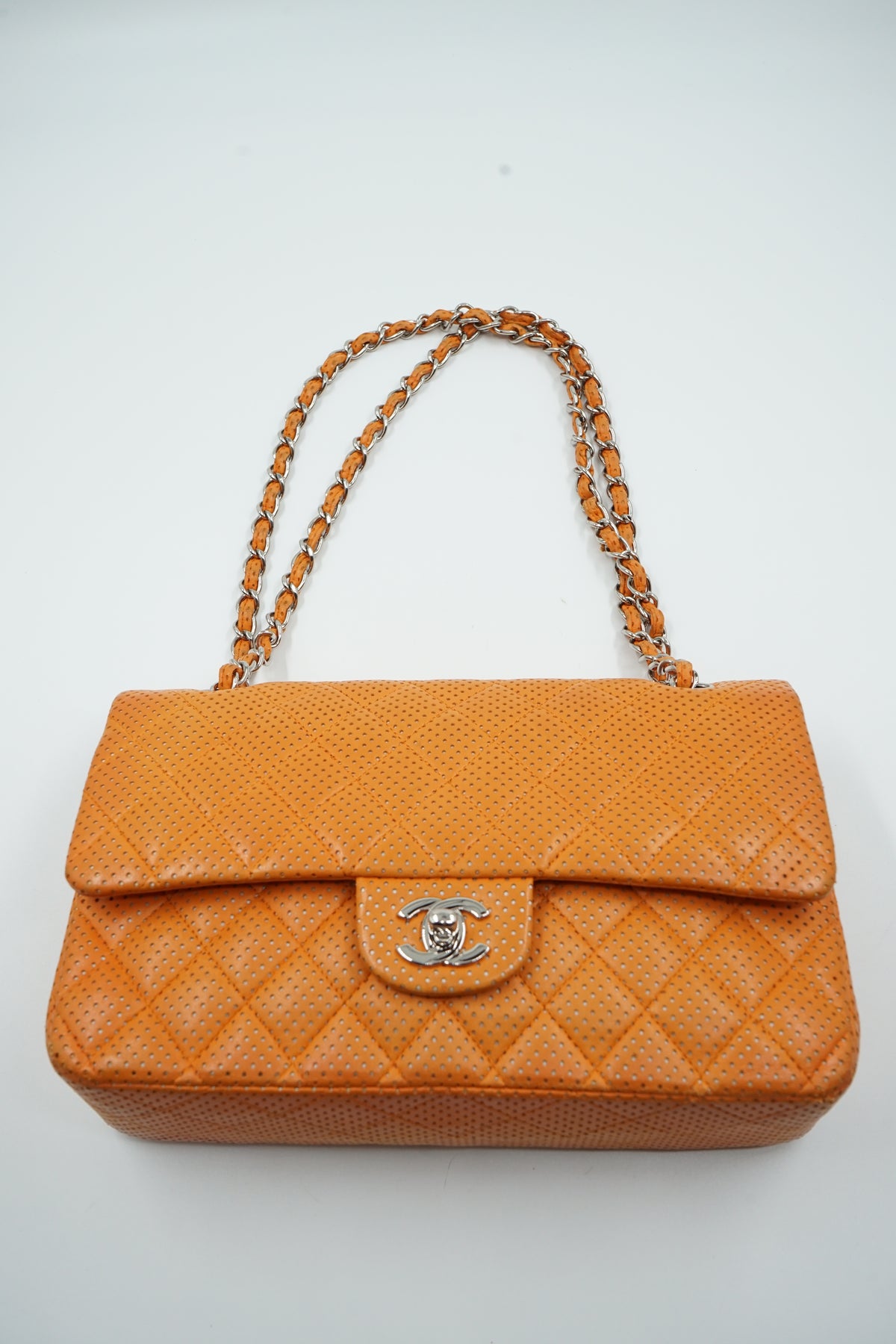 Chanel Perforated Leather Medium Double Flap Bag Orange