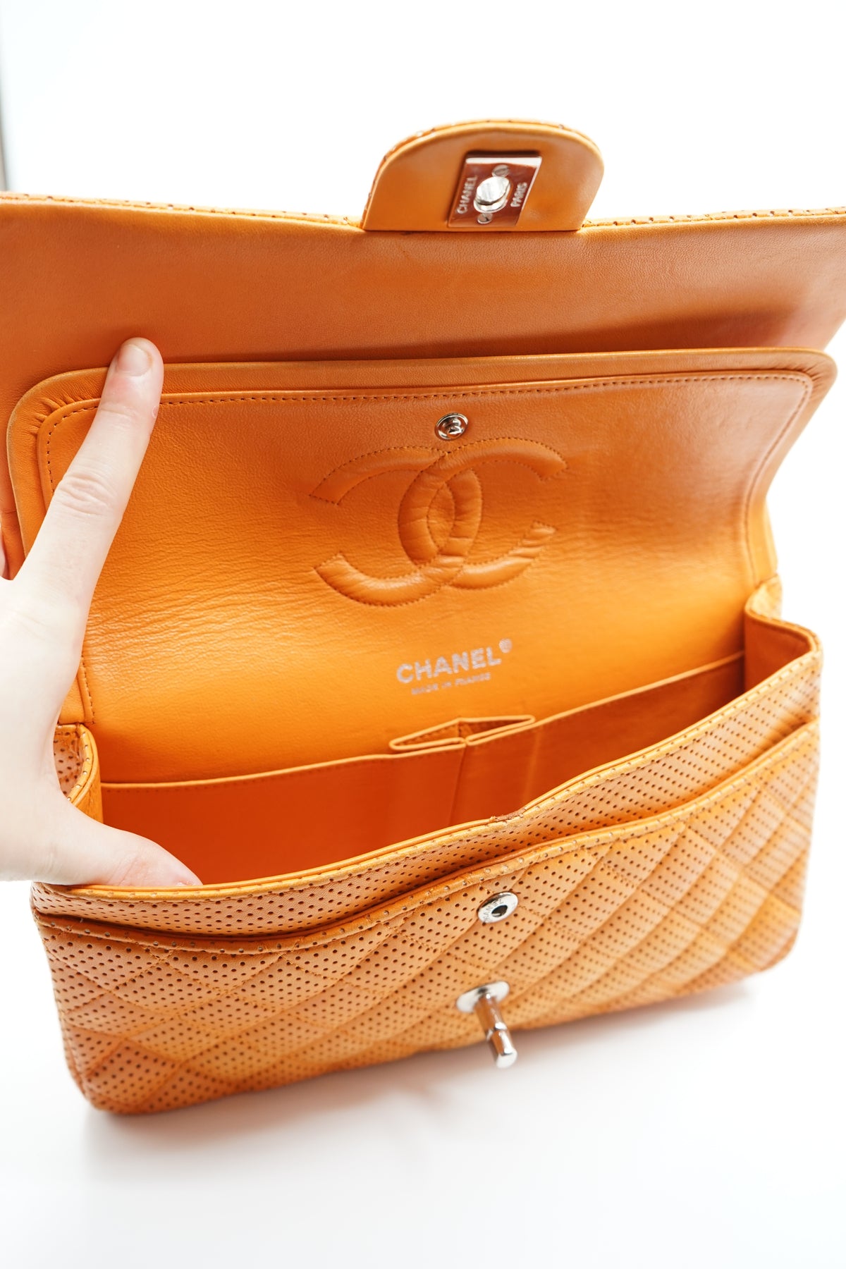 Chanel Perforated Leather Medium Double Flap Bag Orange