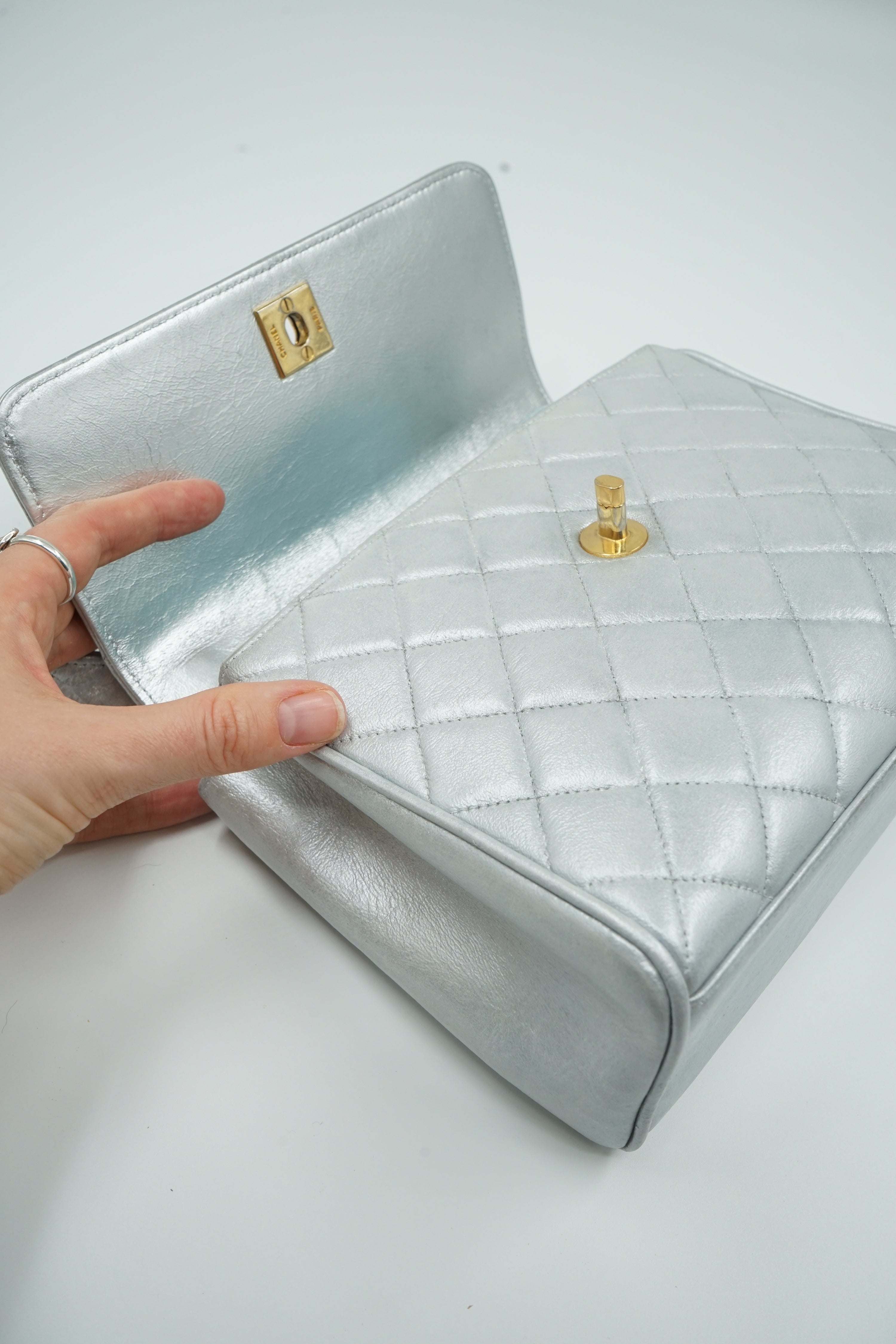 Chanel Silver Top Handle Bag Small