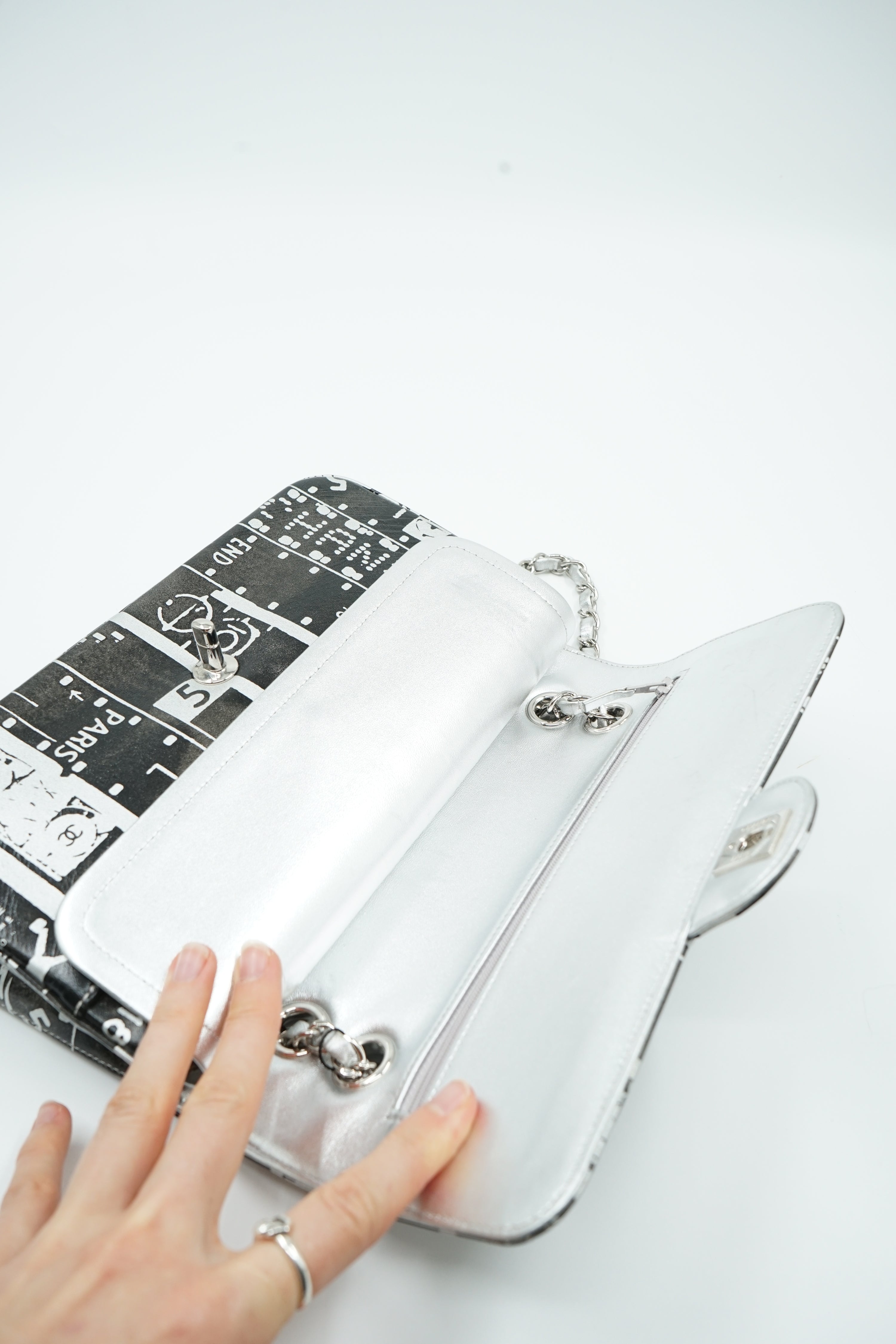 Chanel Medium Silver Printed Double Flap Bag