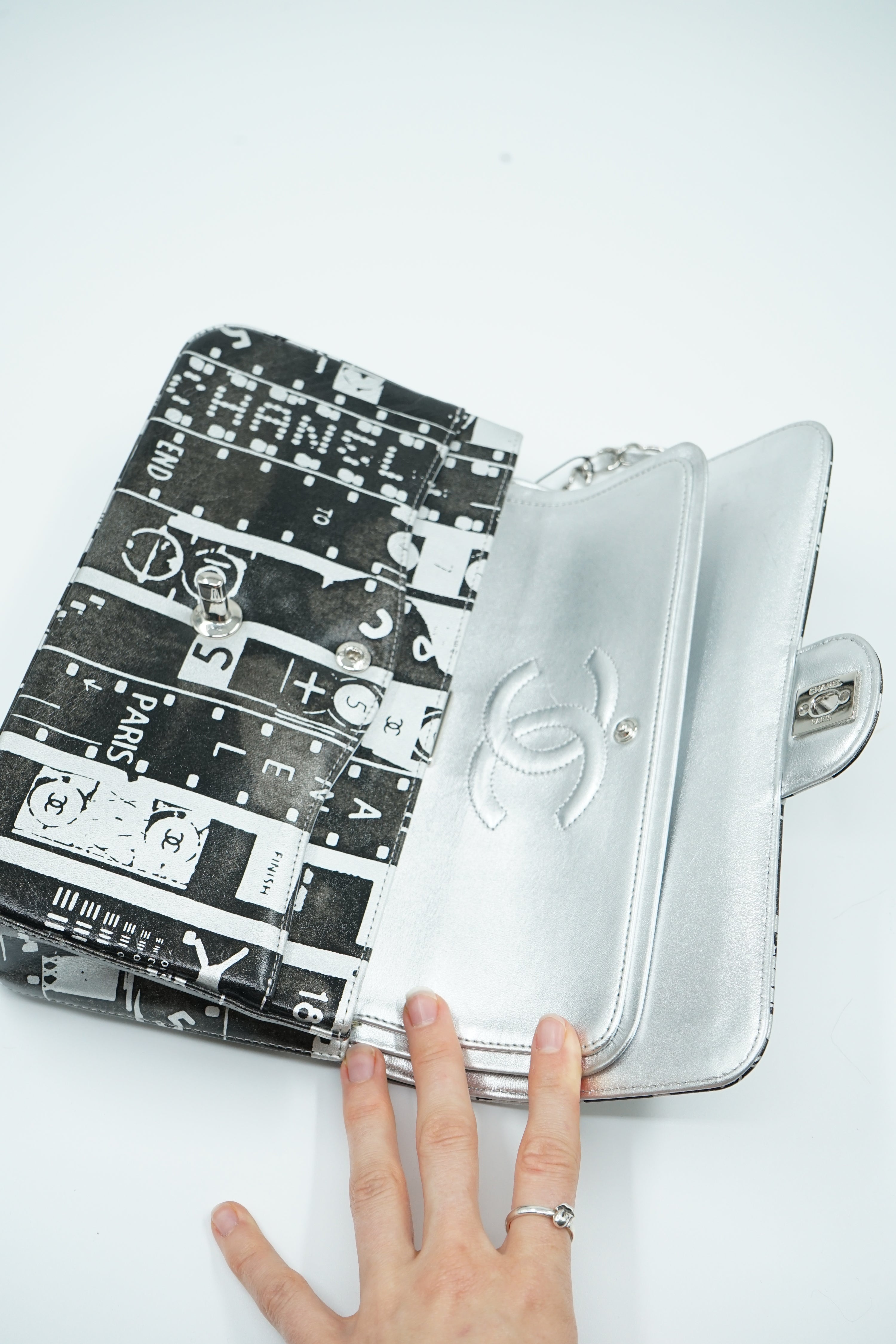 Chanel Medium Silver Printed Double Flap Bag