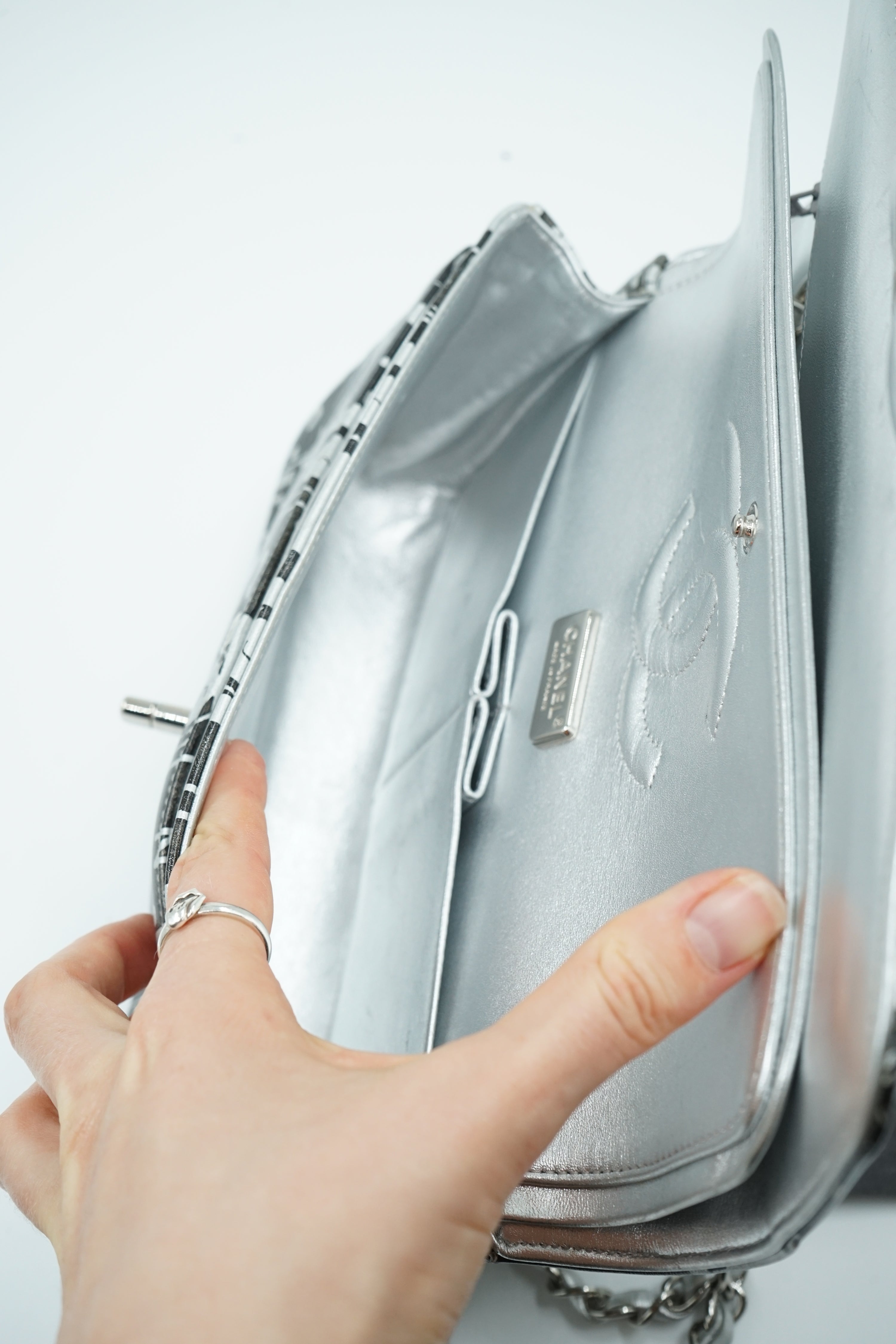 Chanel Medium Silver Printed Double Flap Bag