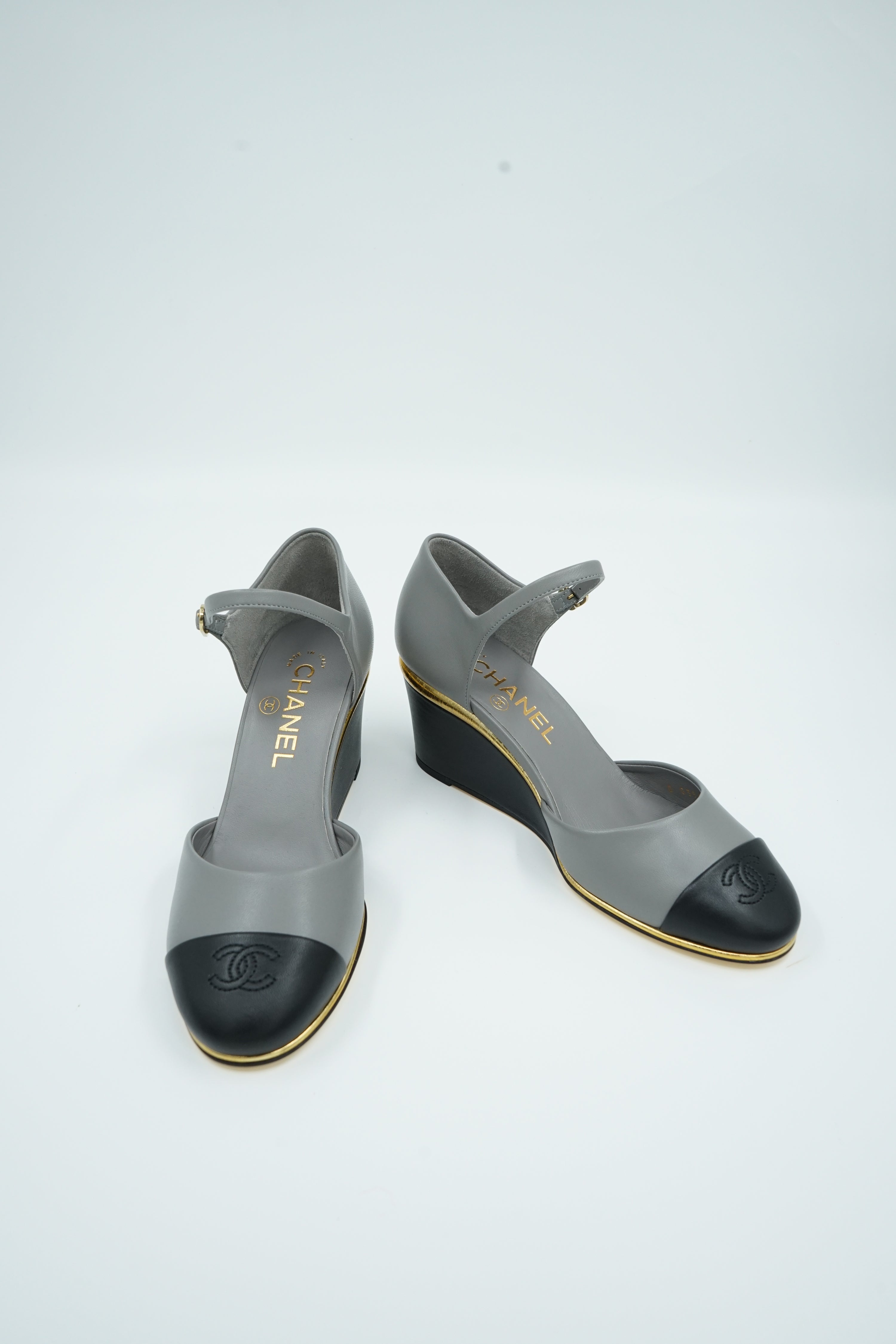 Chanel D'orsay Wedge Pumps Logo Cap Toe