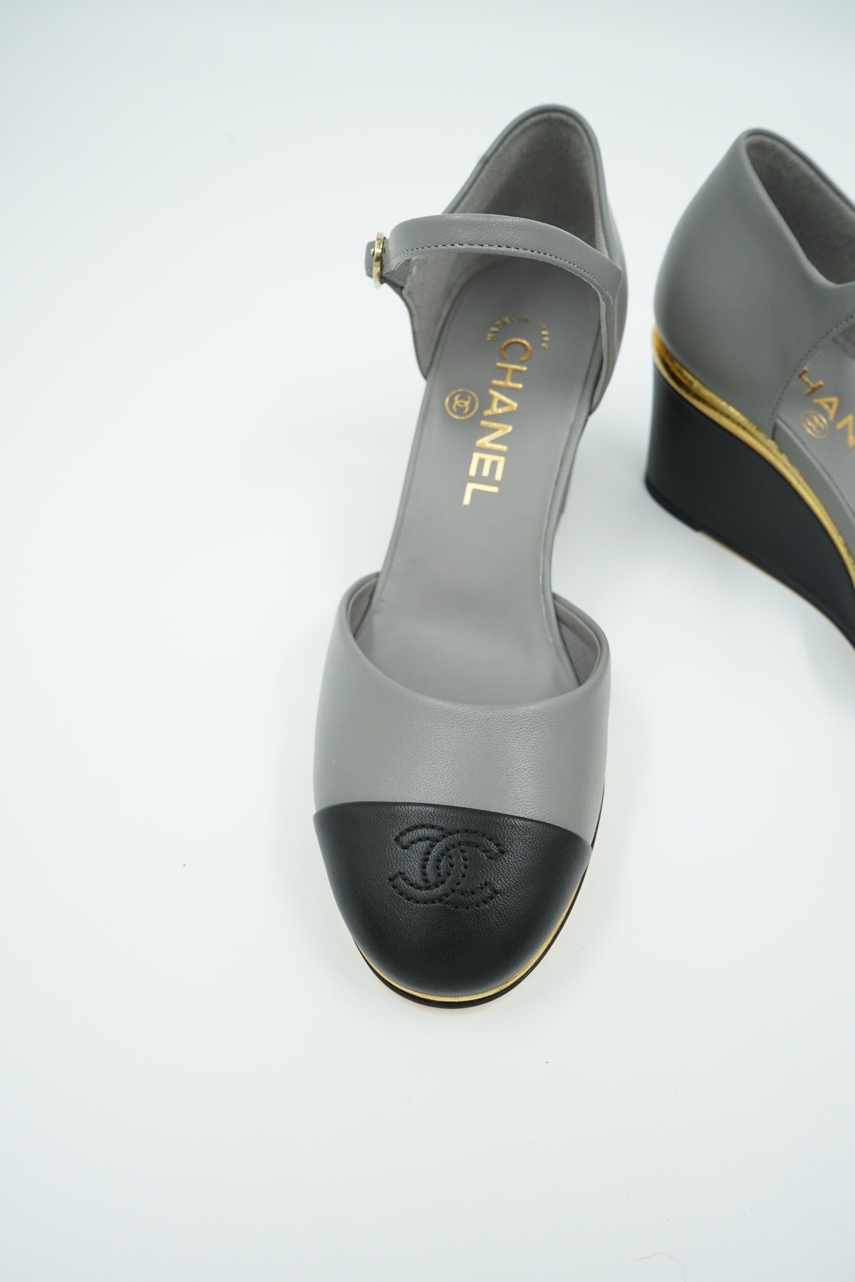 Chanel D'orsay Wedge Pumps Logo Cap Toe