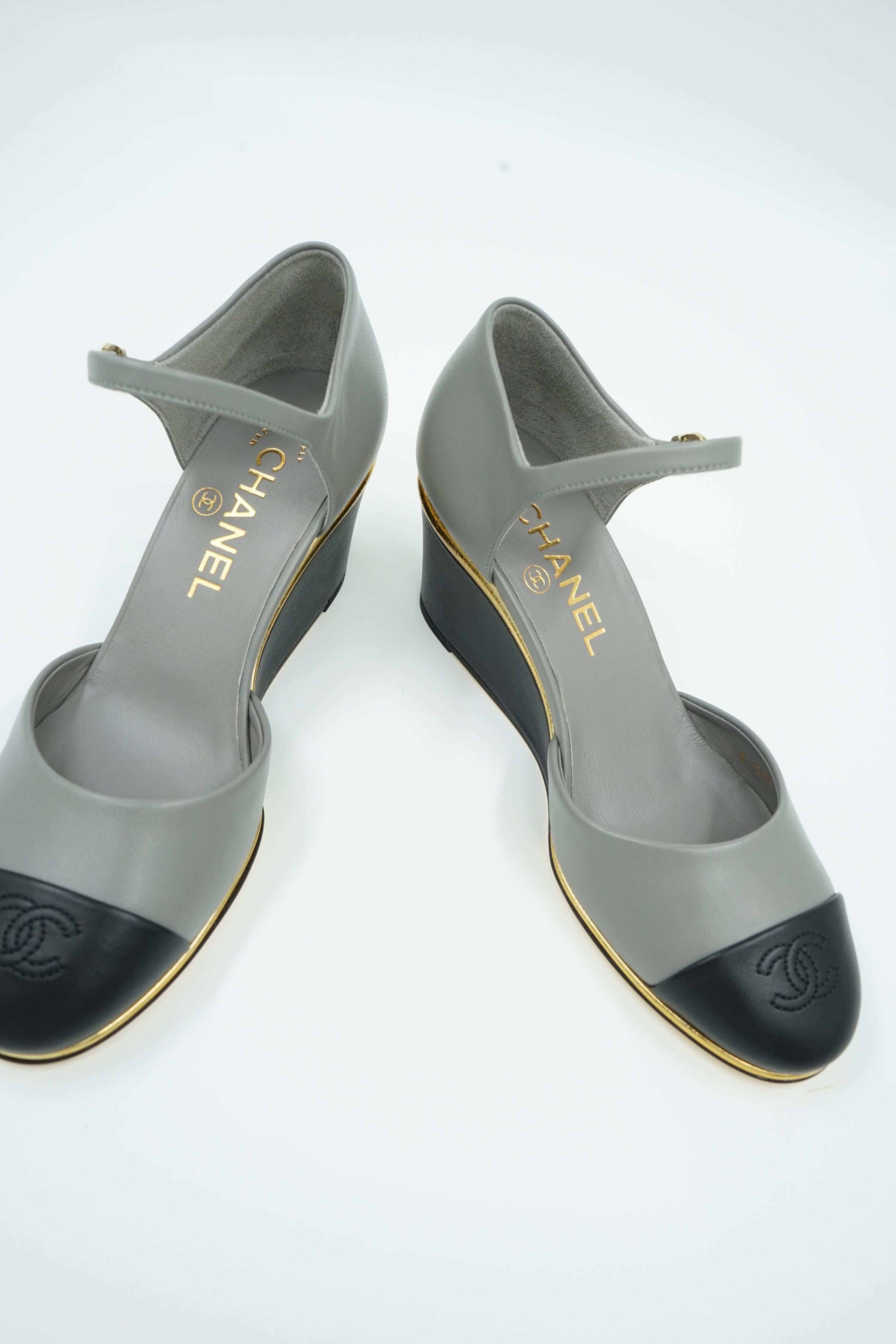 Chanel D'orsay Wedge Pumps Logo Cap Toe