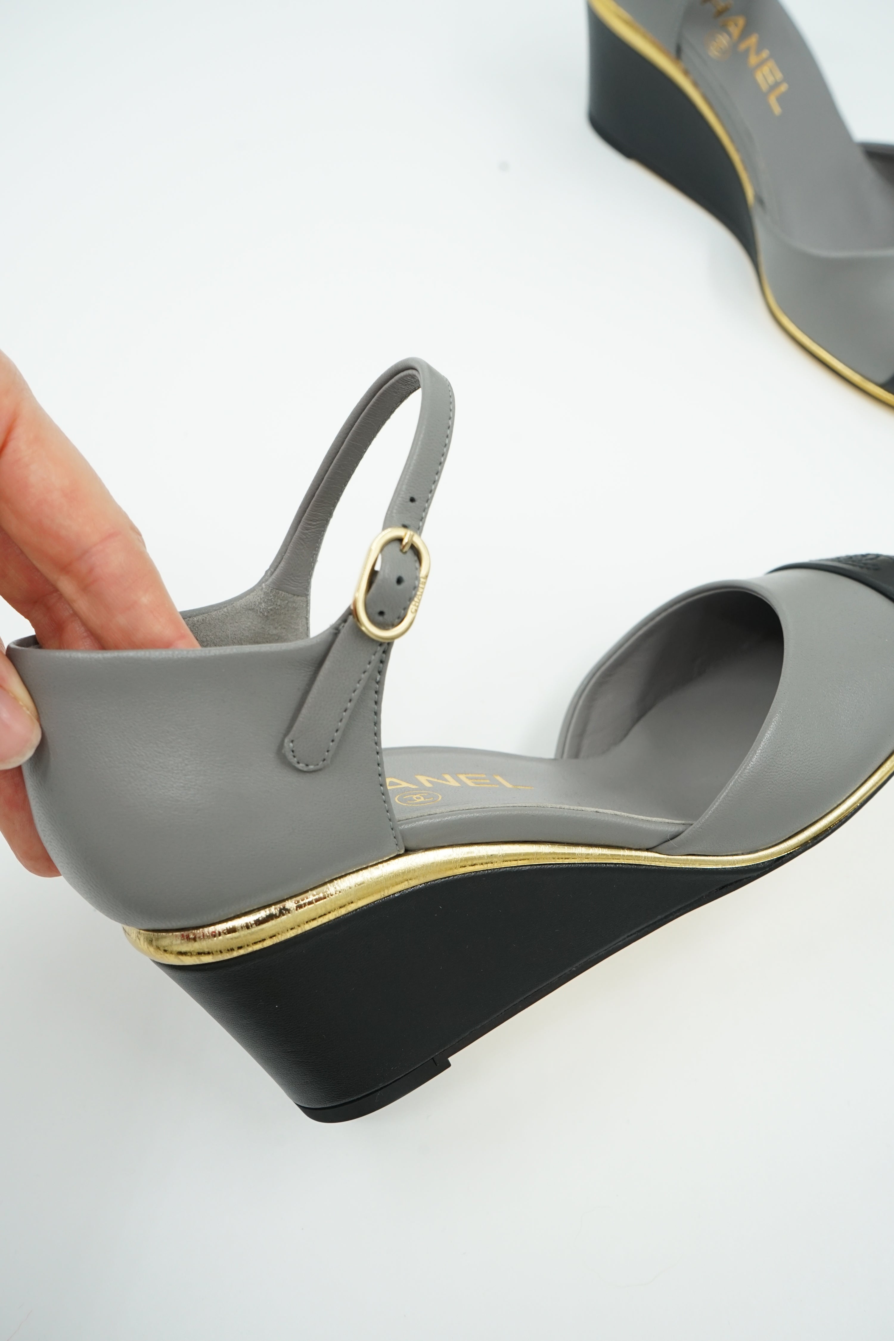 Chanel D'orsay Wedge Pumps Logo Cap Toe